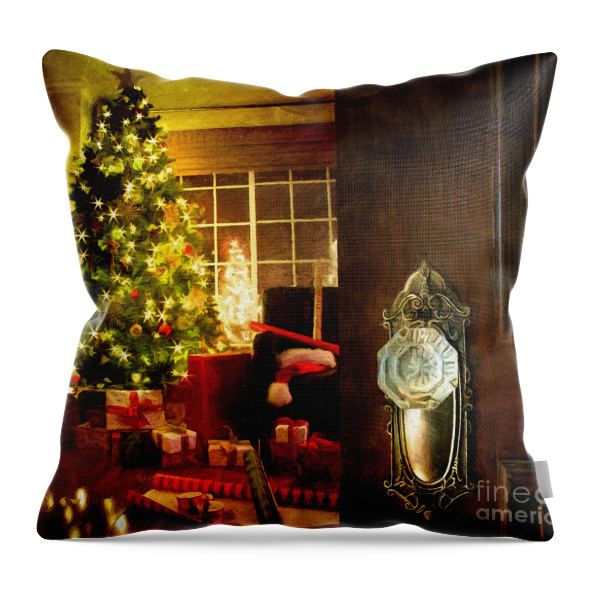 Background Throw Pillow featuring the photograph Door opening into a Christmas living room digital painting by Sandra Cunningham
