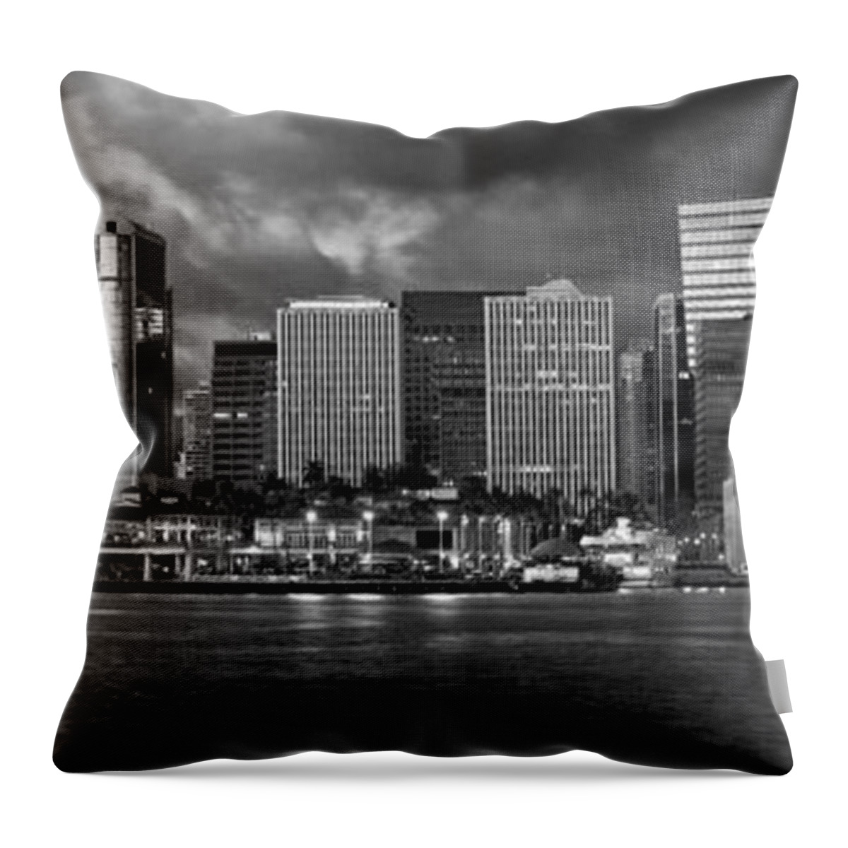 Downtown Throw Pillow featuring the photograph Downtown Honolulu Hawaii dusk skyline black and white #1 by Ken Brown