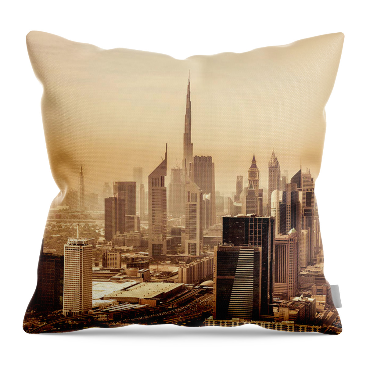 Arabia Throw Pillow featuring the photograph Dubai Downtown Skyscrapers And Office #1 by Leopatrizi