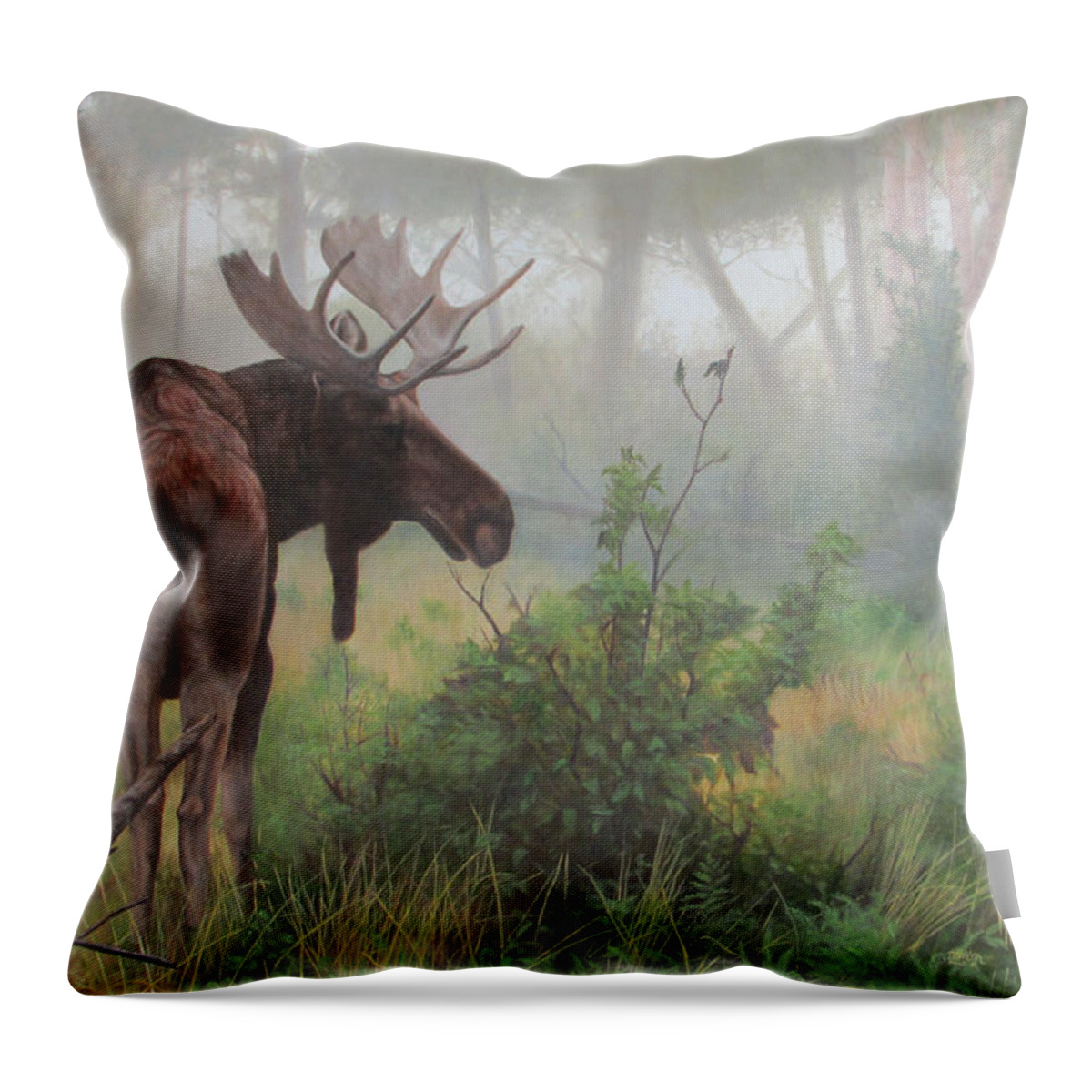 Moose Throw Pillow featuring the painting Early Morning Mist by Tammy Taylor