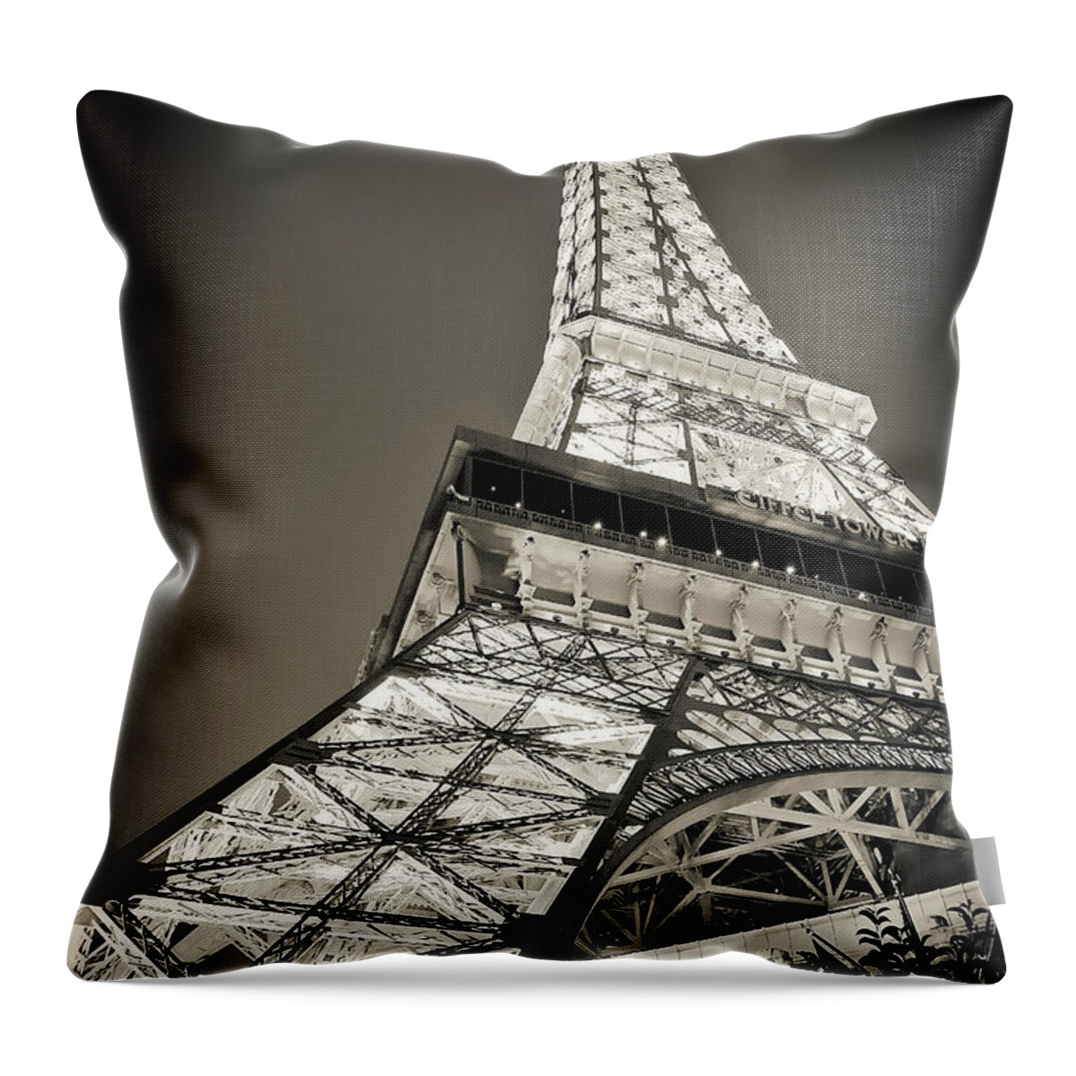 Coloured Photo Of Paris Las Vegas Half Scale (541 Ft/165 M Tall) Replica Of The Eiffel Tower. Like It's Full Scale Inspiration Tower This One Has A Restaurant And Observation Floor. Location: Las Vegas Blvd Throw Pillow featuring the photograph Eiffel Tower Paris Las Vegas #1 by Kate McKenna