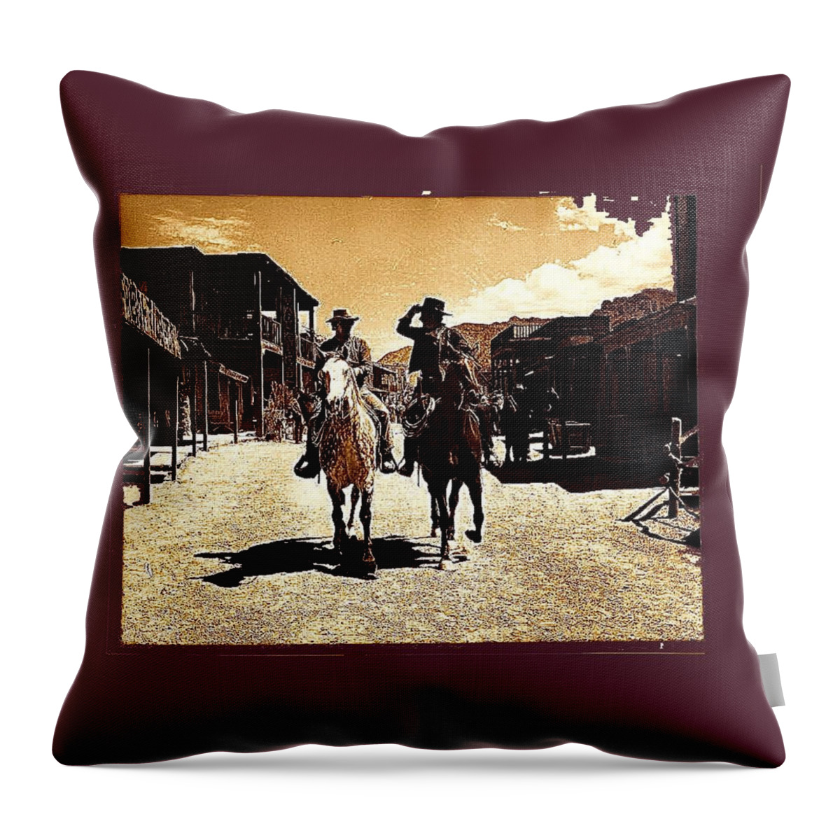 Film Homage Mark Slade Cameron Mitchell Riding Horses The High Chaparral Old Tucson Arizona Throw Pillow featuring the photograph Film Homage Mark Slade Cameron Mitchell Riding Horses The High Chaparral Old Tucson AZ c.1967-2013 by David Lee Guss