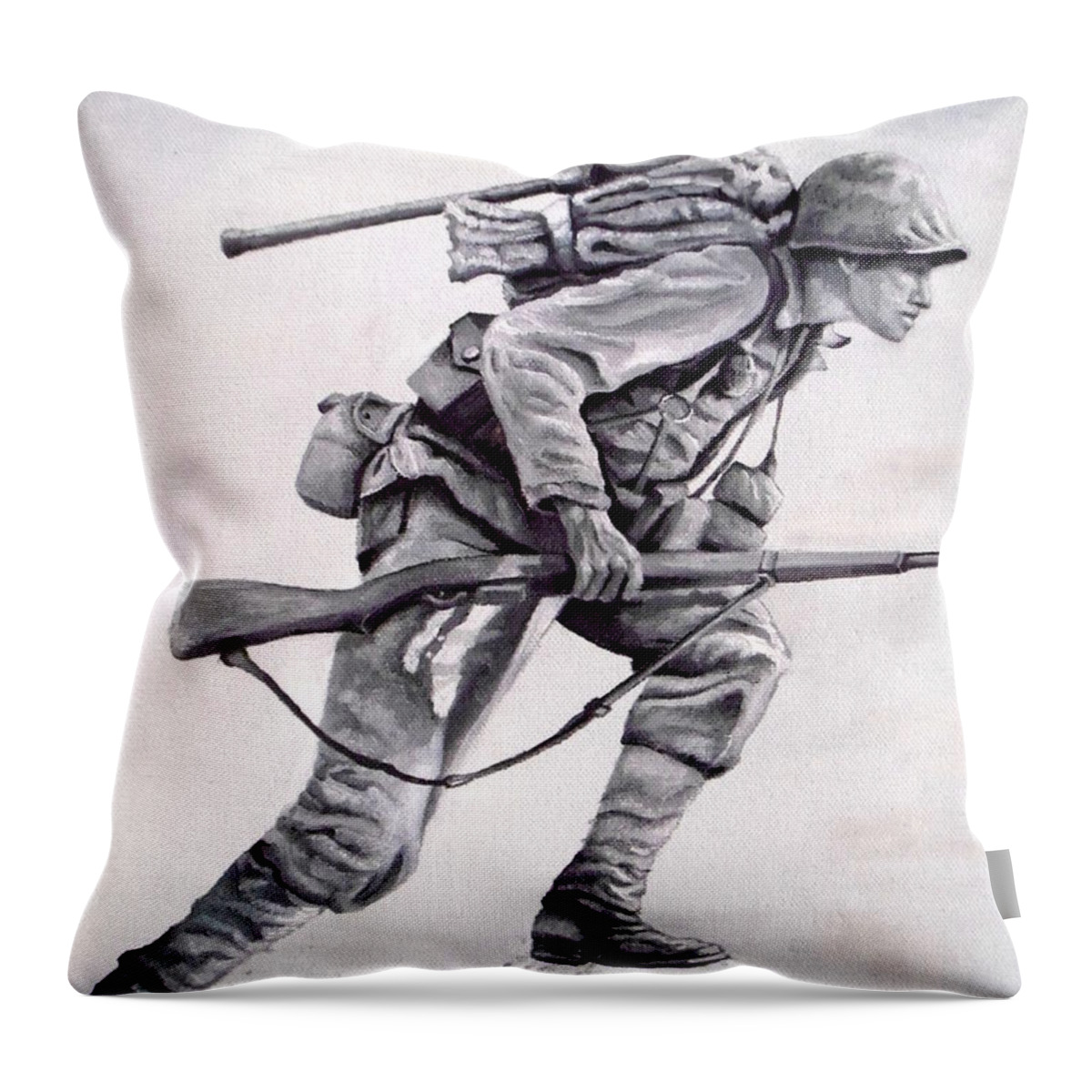 A U.s. Marine Charging The Beach On Iwo Jima Throw Pillow featuring the painting Follow Me by Martin Schmidt