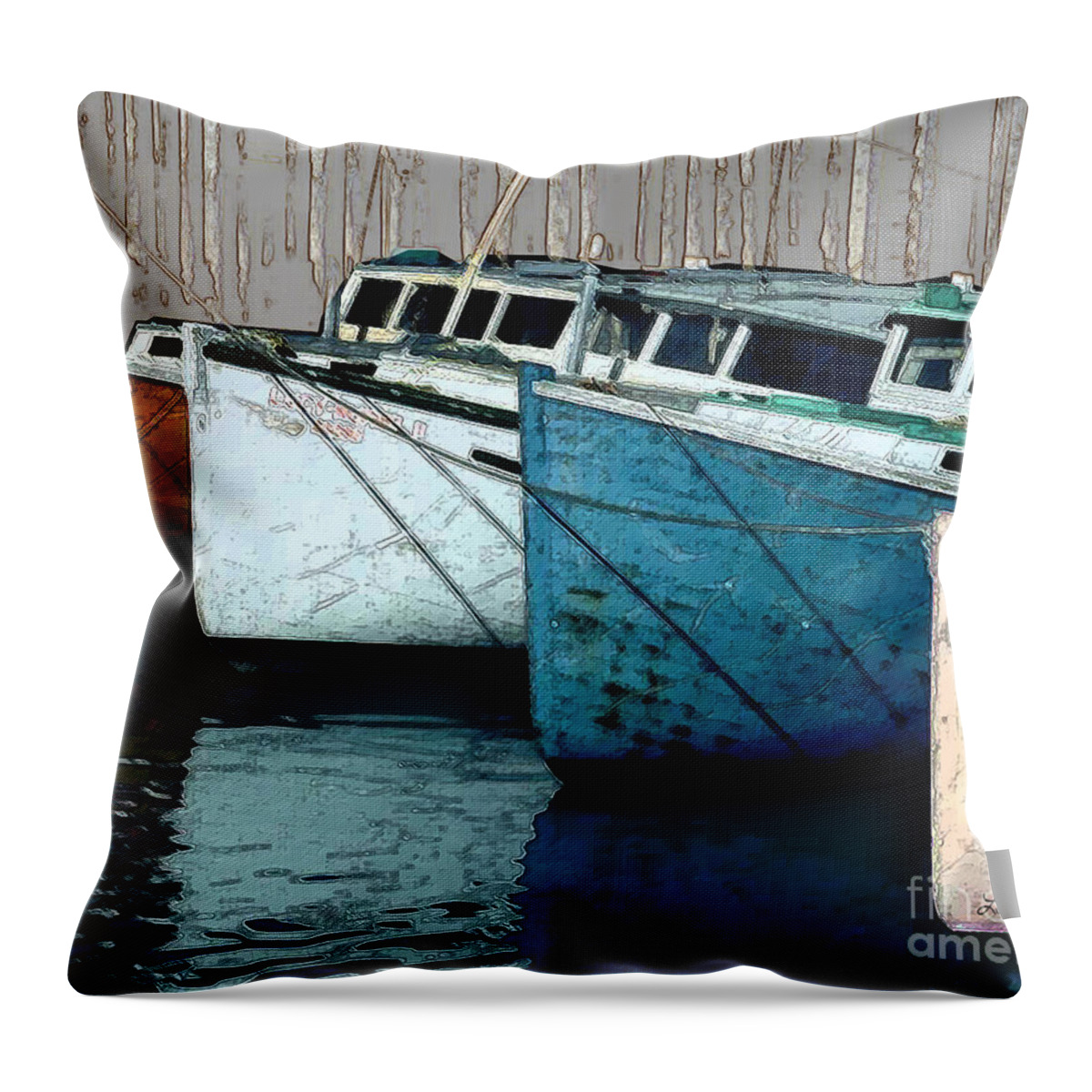 Lee Owenby Throw Pillow featuring the photograph Four Boats In Blue #1 by Lee Owenby
