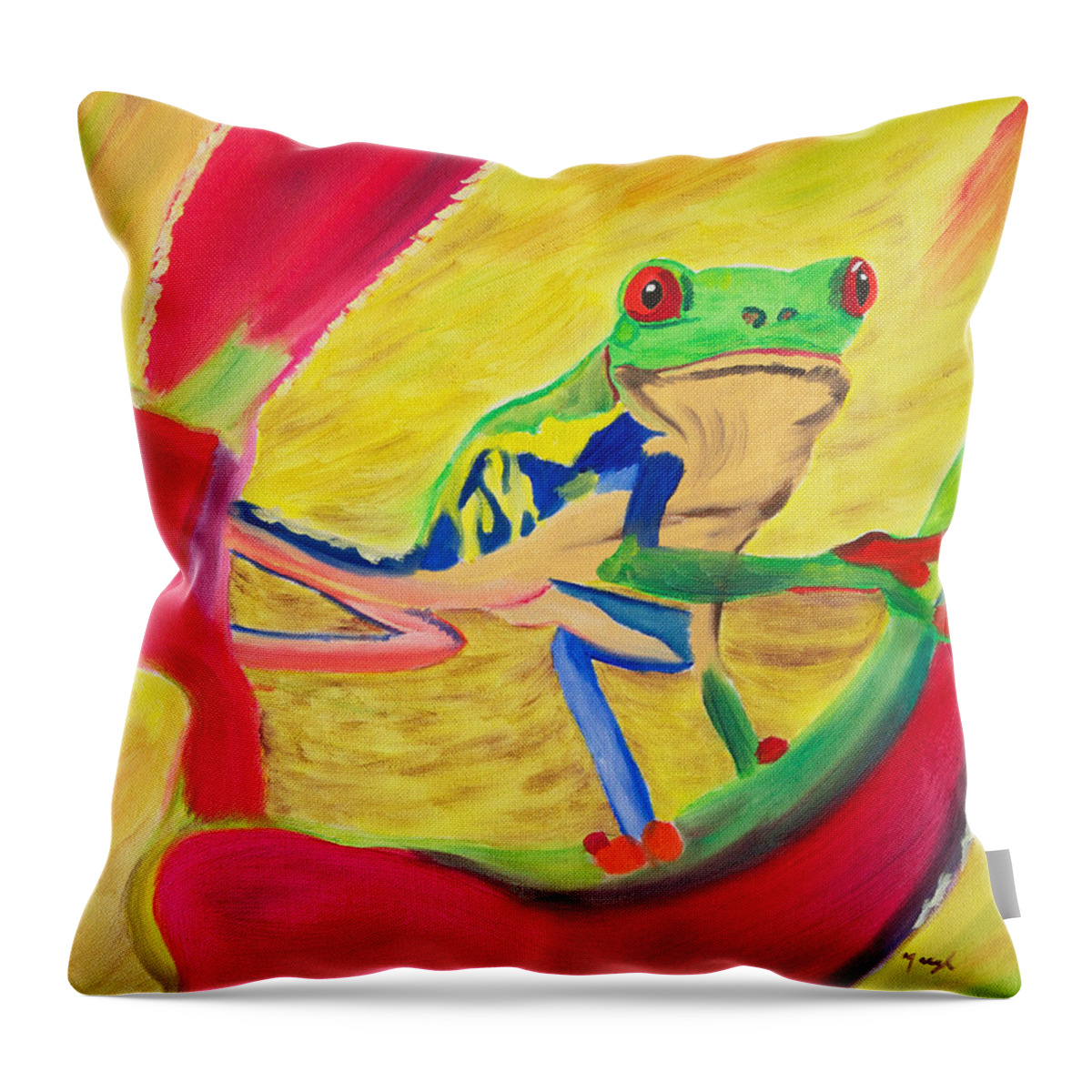 Tree Frog Throw Pillow featuring the painting Rainforest Melody by Meryl Goudey