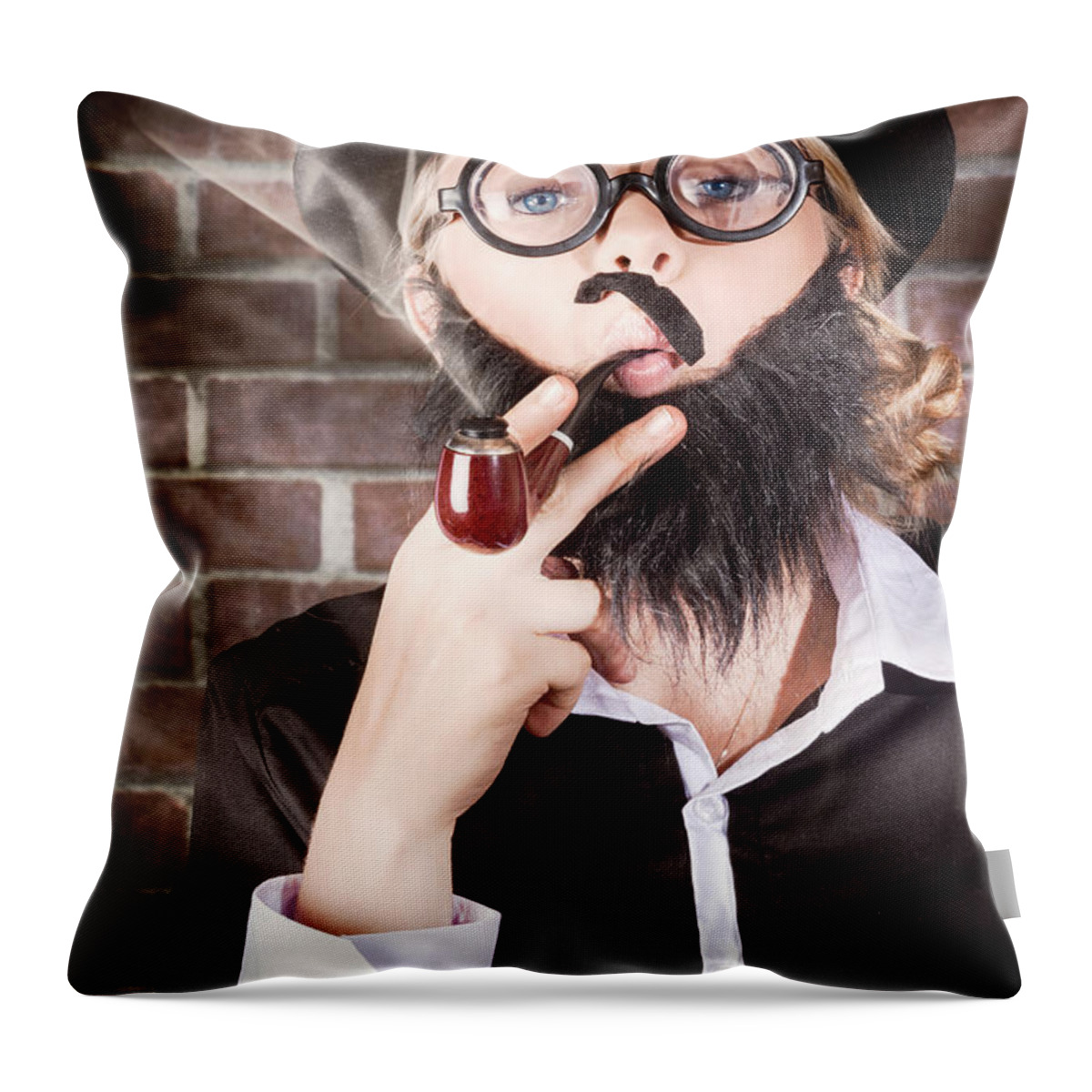 Pipe Throw Pillow featuring the photograph Funny private eye detective smoking pipe #1 by Jorgo Photography