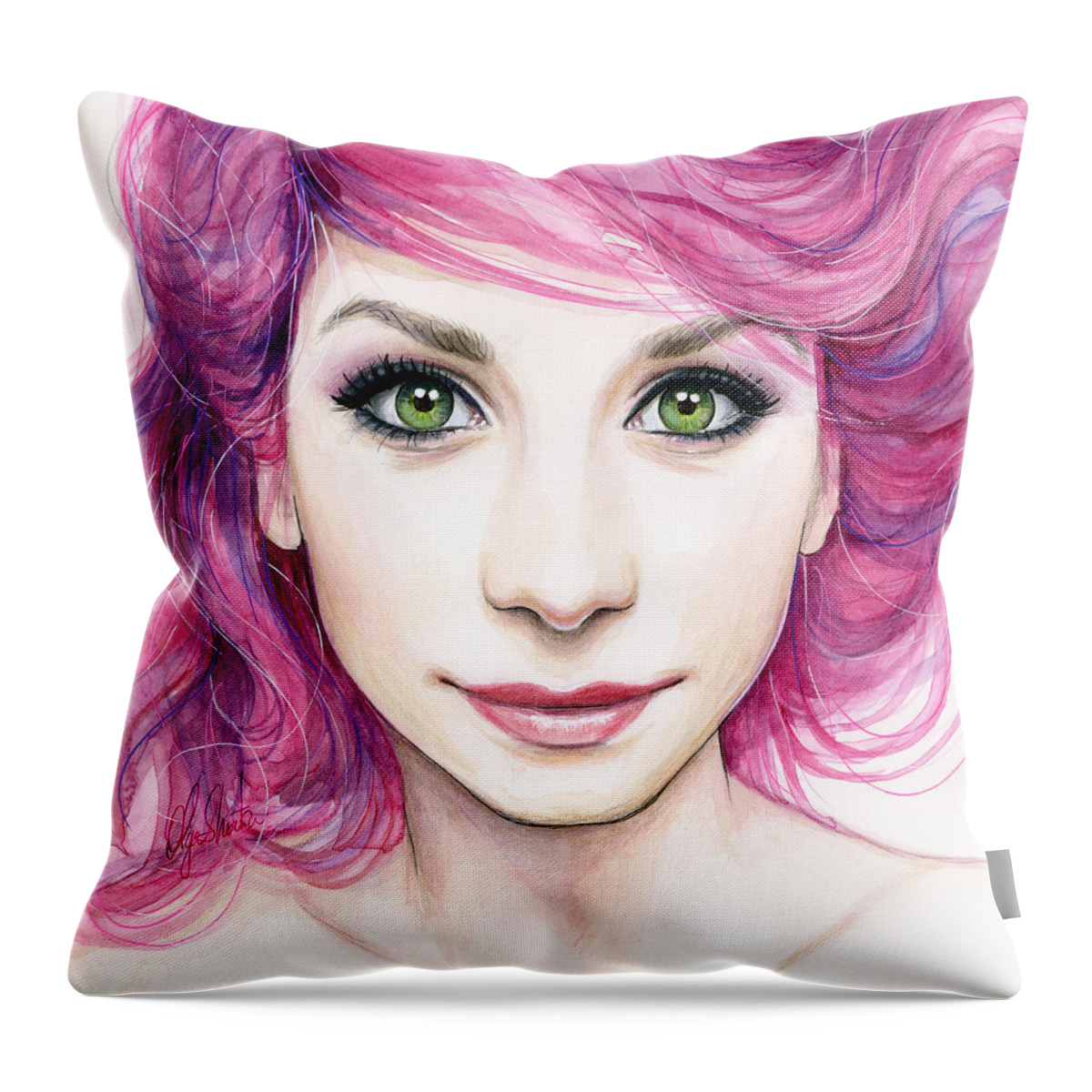 Magenta Throw Pillow featuring the painting Girl with Magenta Hair #2 by Olga Shvartsur