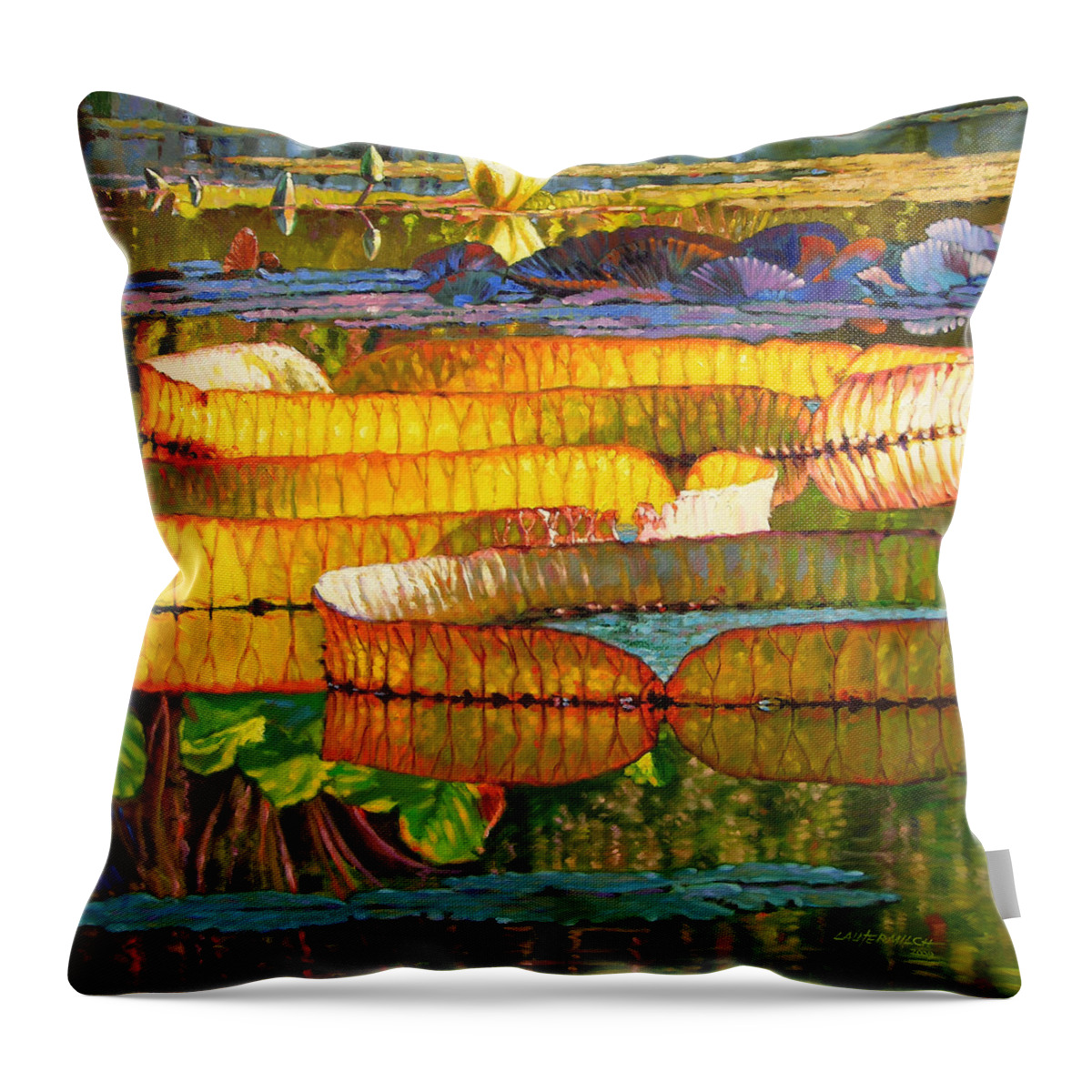 Water Lilies Throw Pillow featuring the painting Glorious Morning Lilies #1 by John Lautermilch