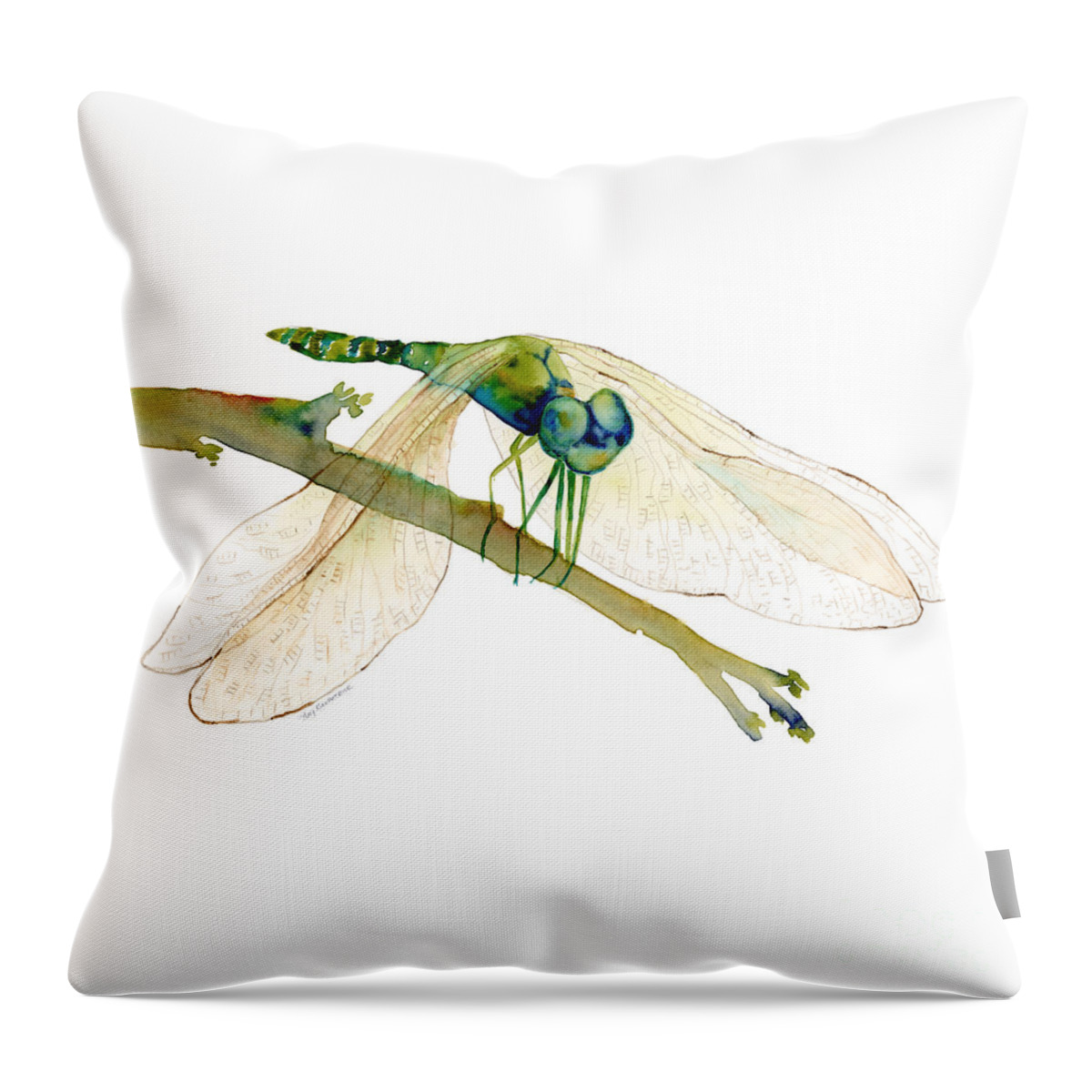 Blue Throw Pillow featuring the painting Green Dragonfly #1 by Amy Kirkpatrick