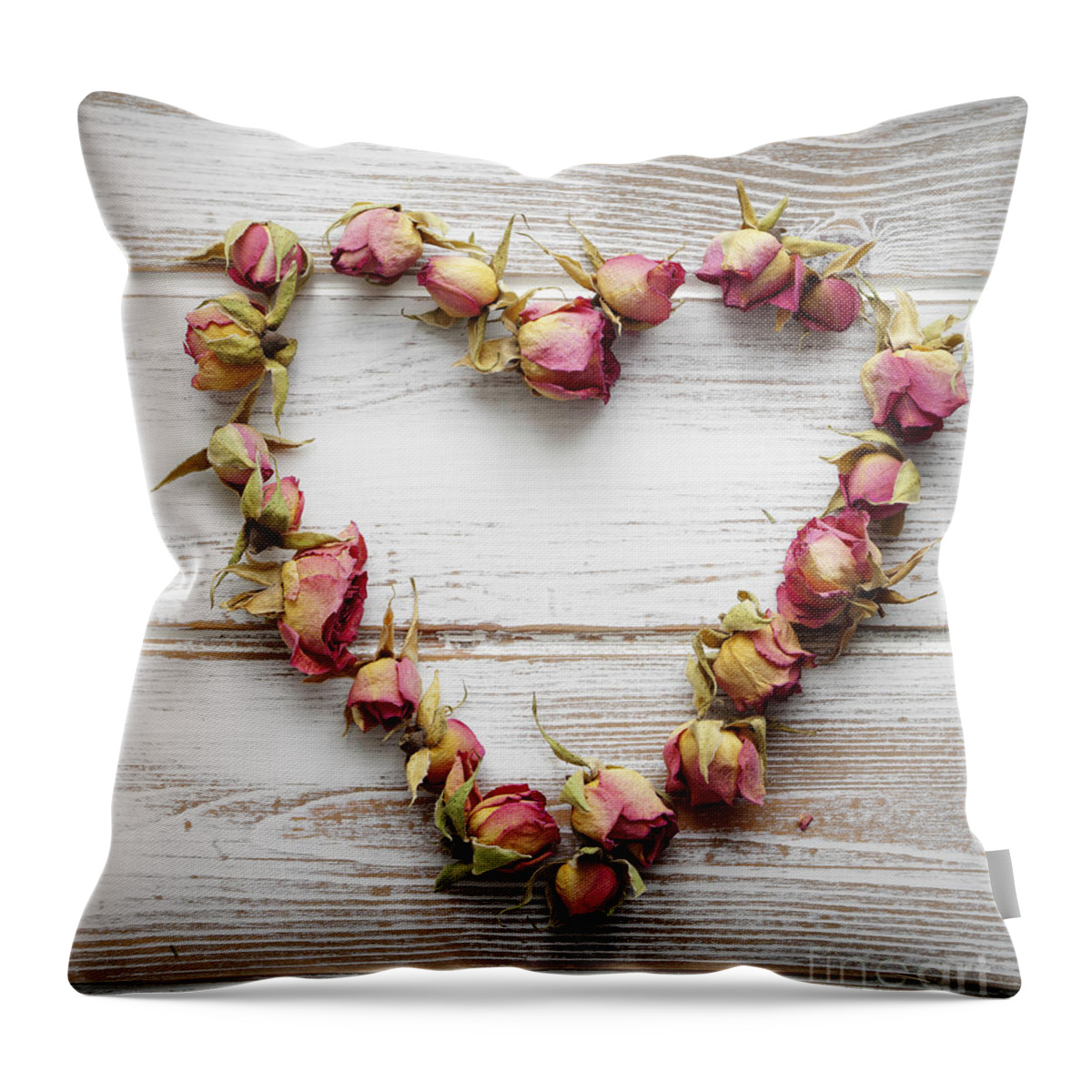 Anniversary Throw Pillow featuring the photograph Heart from dry rose buds #1 by Kati Finell