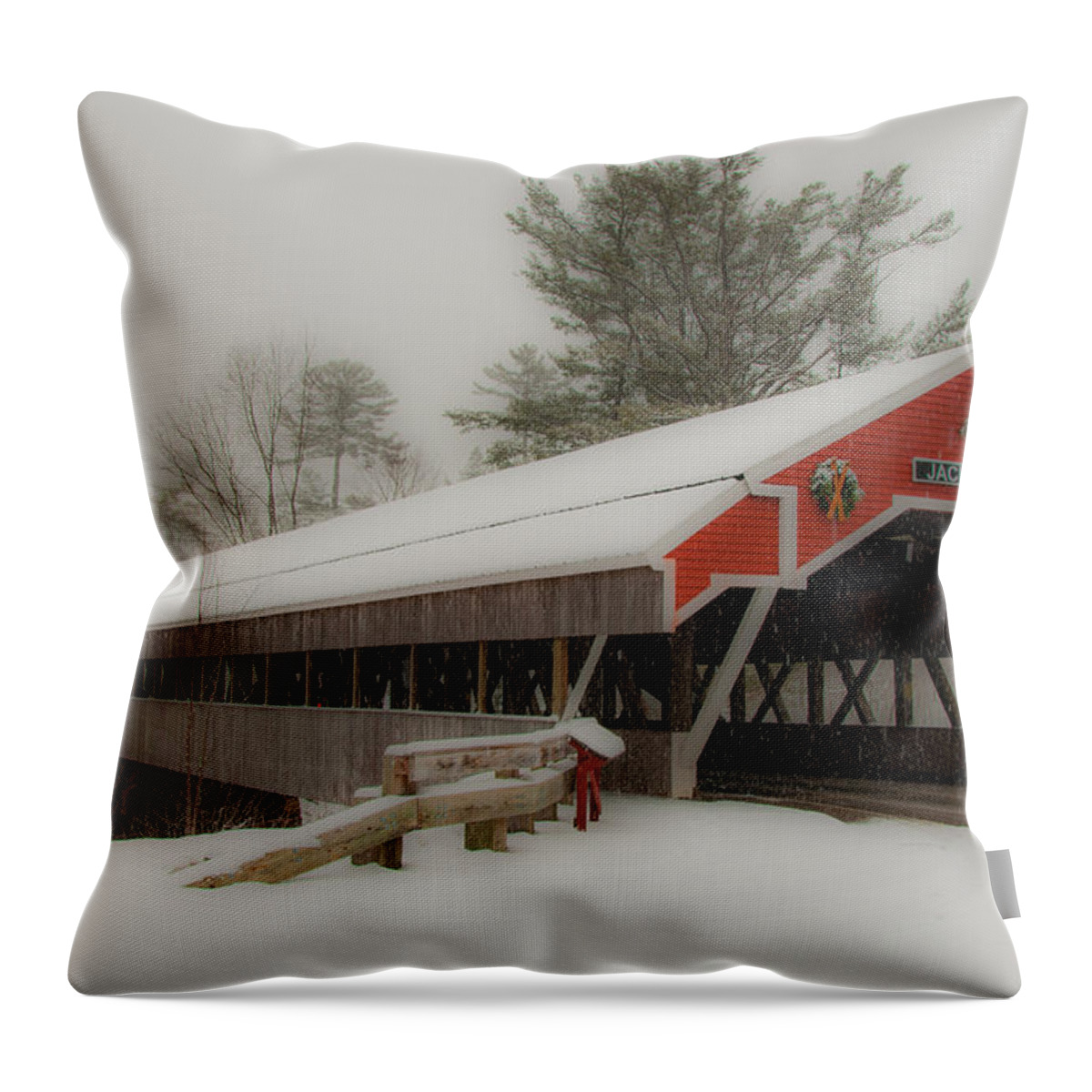 Covered Bridge Throw Pillow featuring the photograph Jackson NH Covered Bridge #1 by Brenda Jacobs
