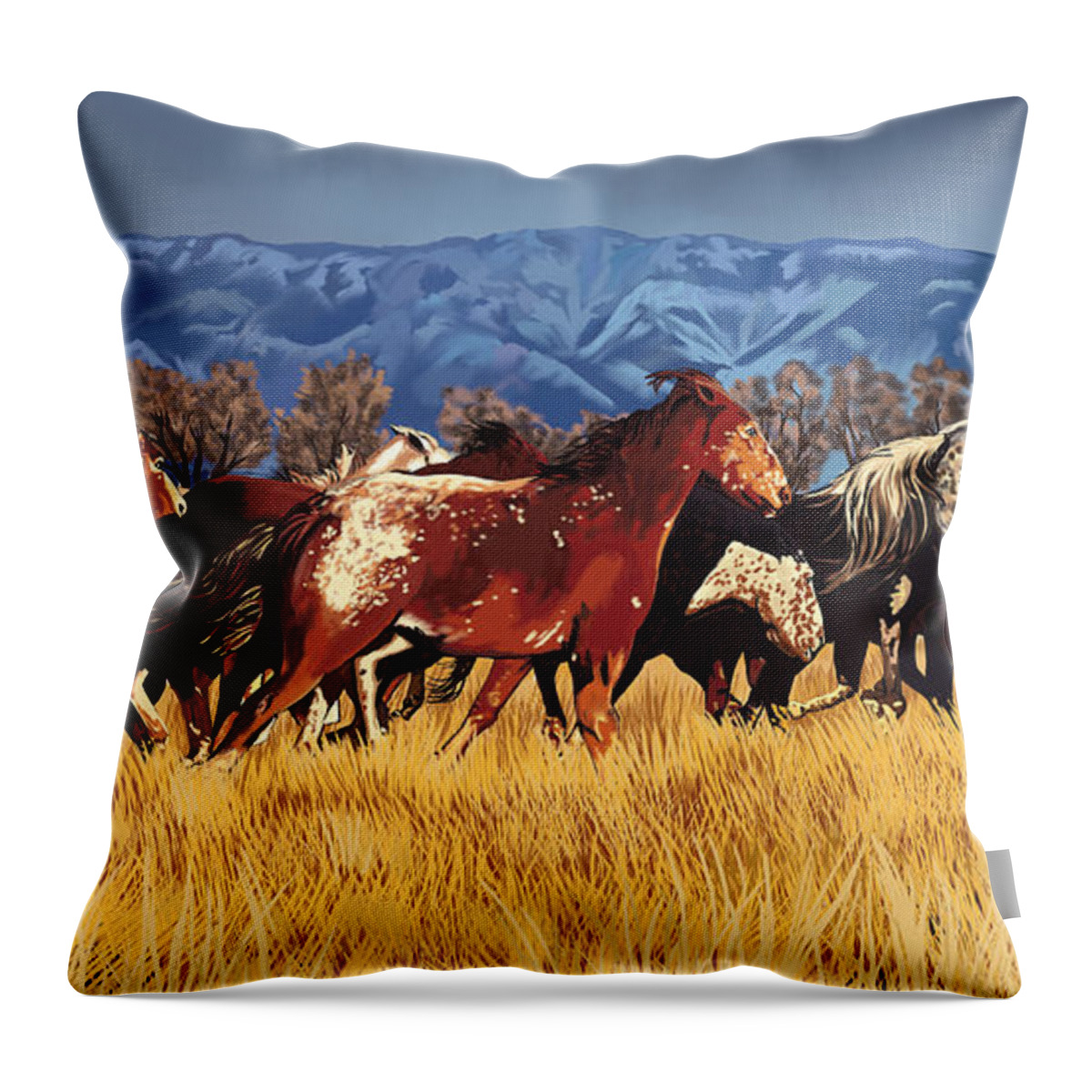 Mustang Throw Pillow featuring the painting Joe's horses #1 by Tim Gilliland