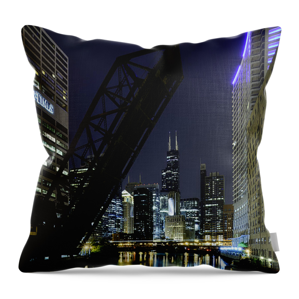 Architecture Throw Pillow featuring the photograph Kinzie Street railroad bridge at night #1 by Sebastian Musial