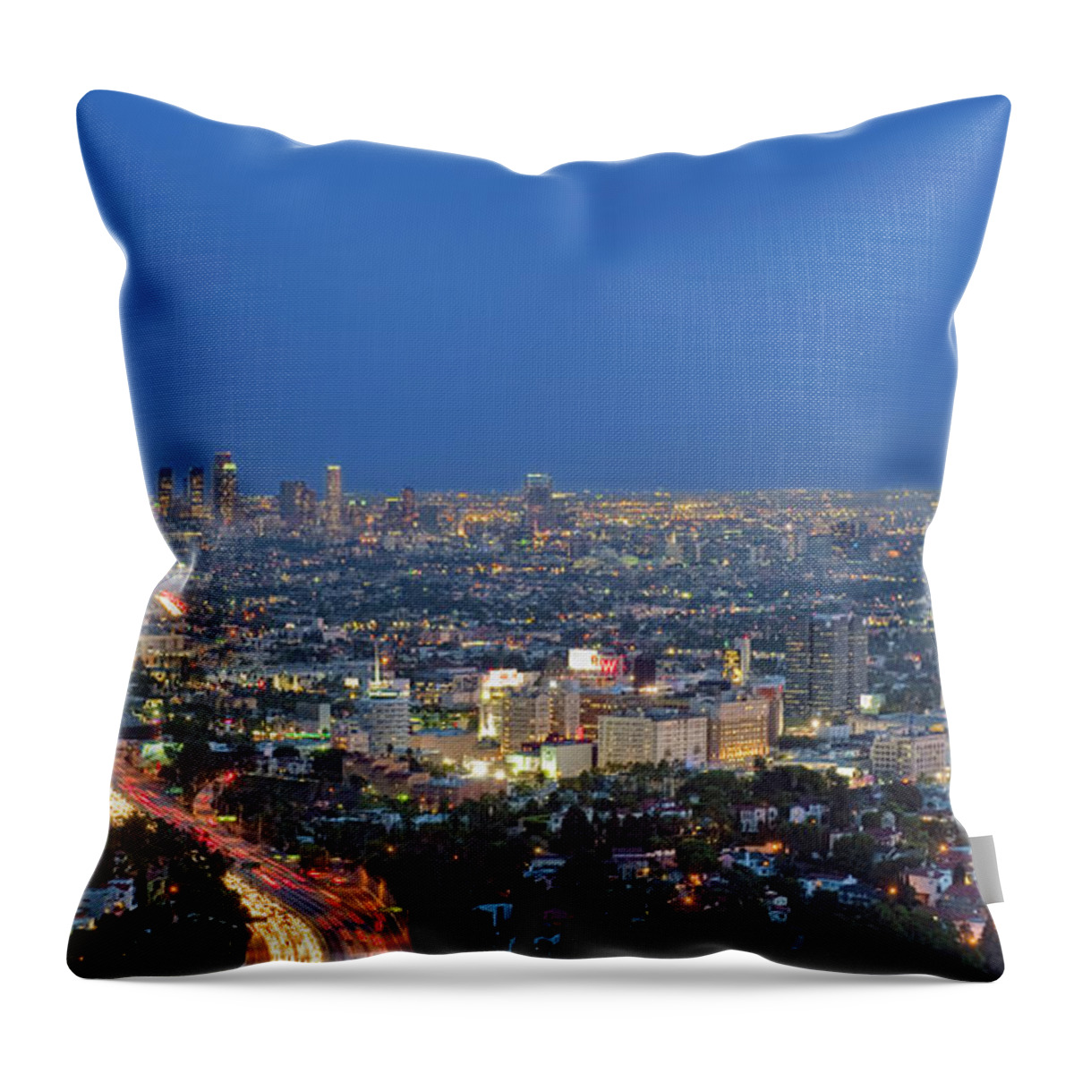 L.a. Skyline Los Angeles Ca Cityscape Night Dusk Lit Lights On Throw Pillow featuring the photograph L.A. Skyline los Angeles CA Cityscape Night Dusk lit lights on 3 #1 by David Zanzinger