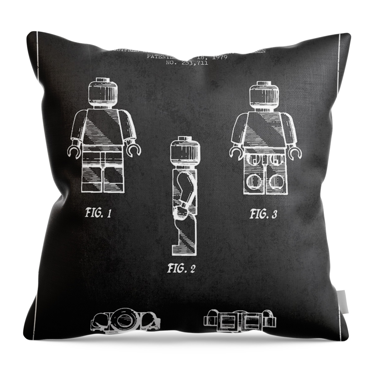 Lego Throw Pillow featuring the digital art Lego Toy Figure Patent - Dark #2 by Aged Pixel