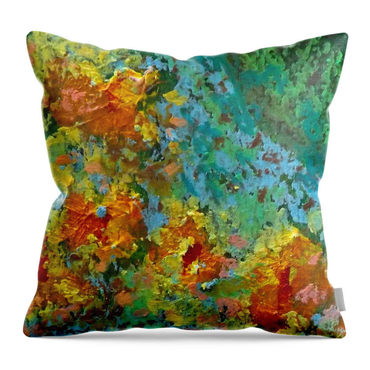 Abstract Throw Pillow featuring the mixed media Leis Adrift #1 by Sherry Killam