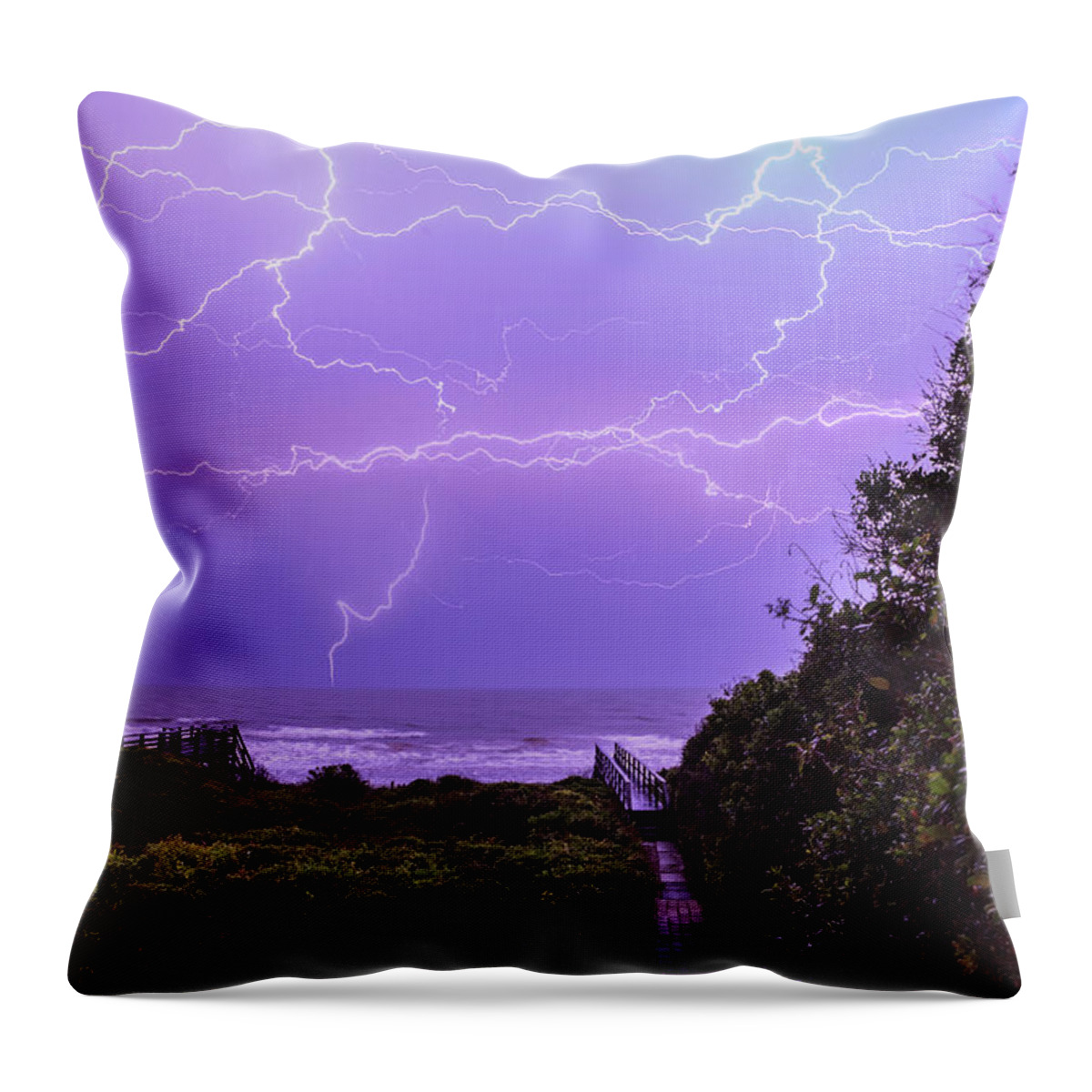 Folly Beach Throw Pillow featuring the photograph Lightning over the beach #1 by Keith Allen