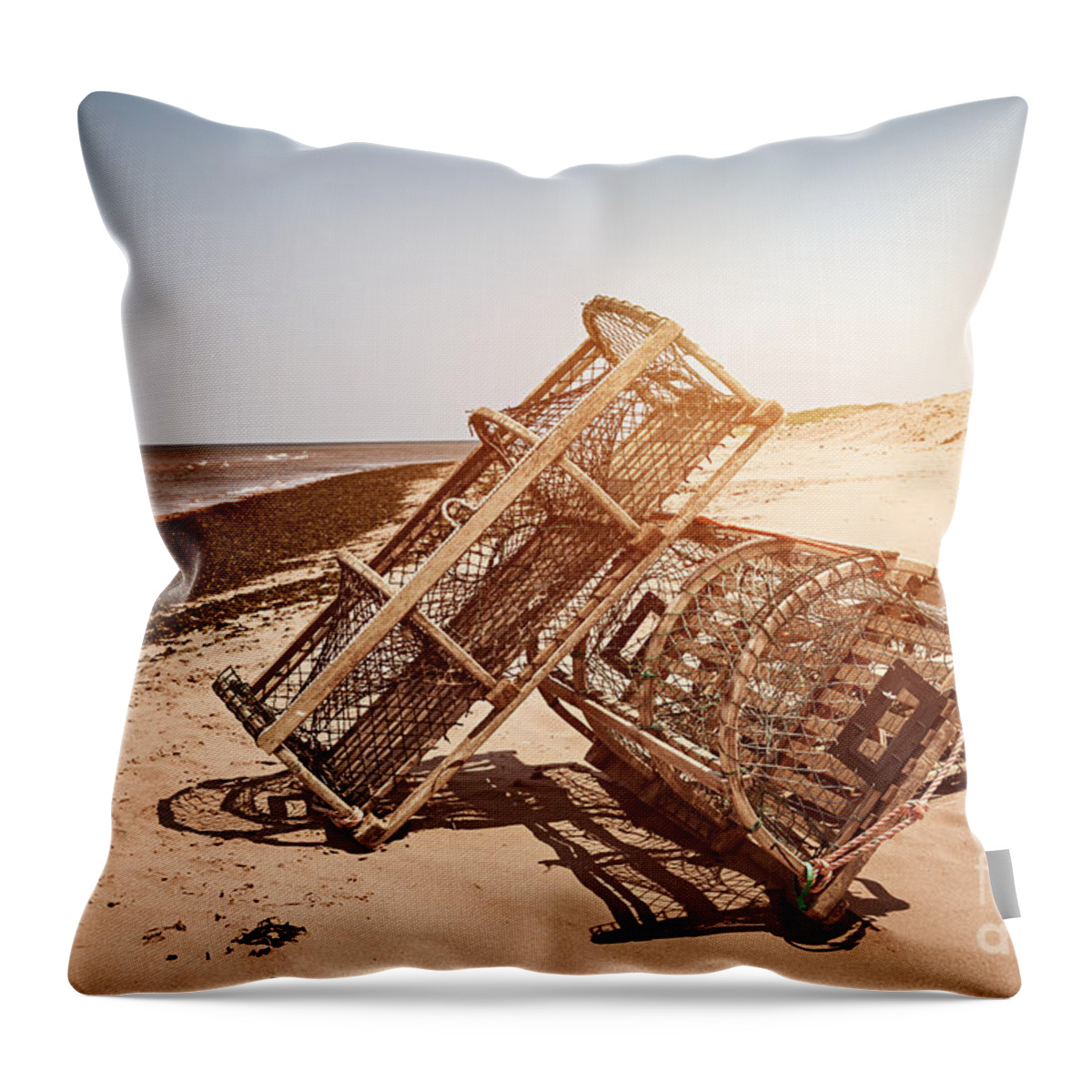 Lobster Throw Pillow featuring the photograph Lobster traps on beach #2 by Elena Elisseeva
