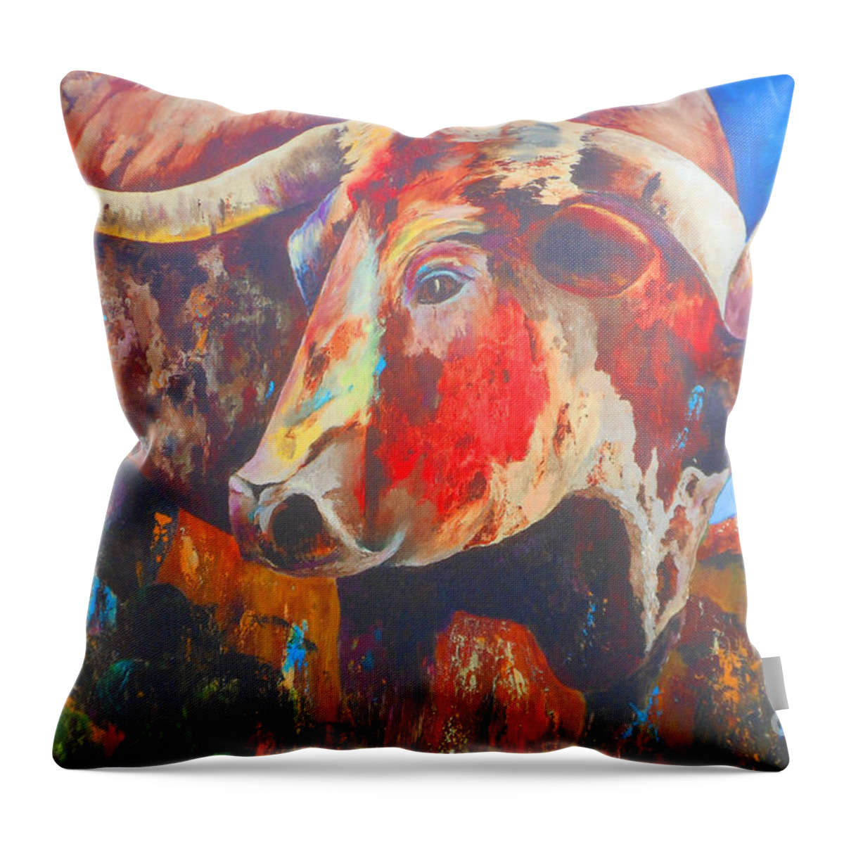 Paintings Throw Pillow featuring the painting Longhorn Bull Business #1 by Karen Kennedy Chatham