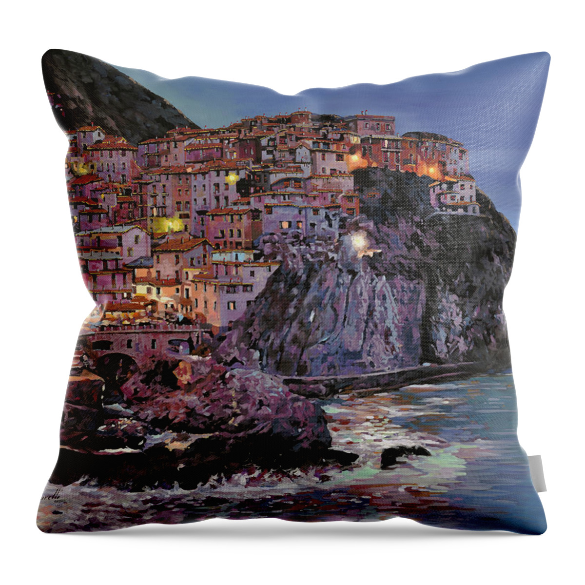 Manarola Throw Pillow featuring the painting Manarola al crepuscolo by Guido Borelli