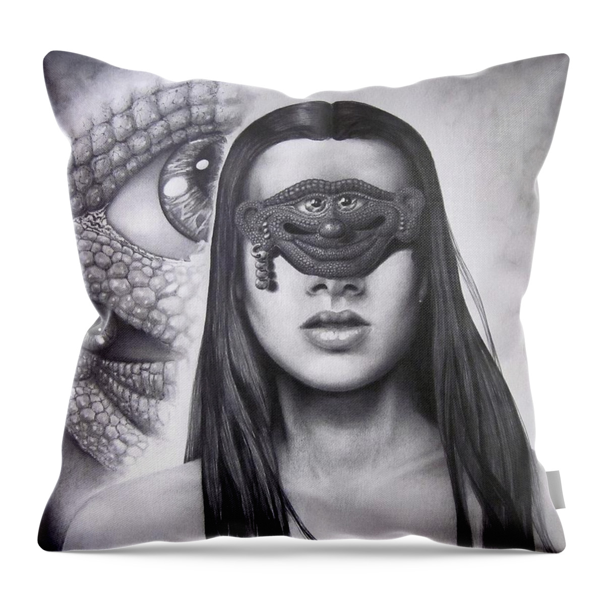 Drawing Surrealism Drawing Throw Pillow featuring the drawing Masked Beauty #1 by Geni Gorani