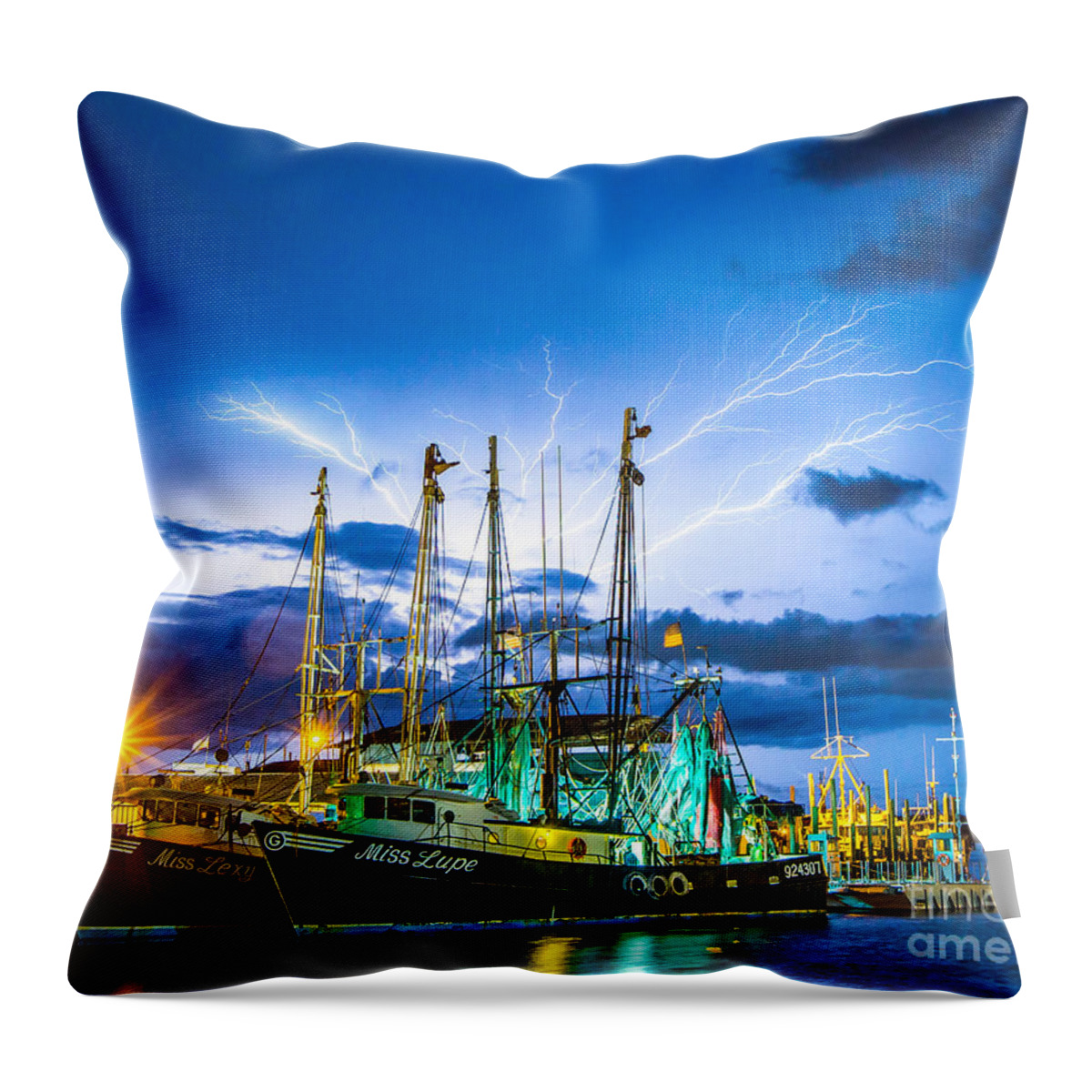 Lightning Throw Pillow featuring the photograph Masts Electrified by Stephen Whalen