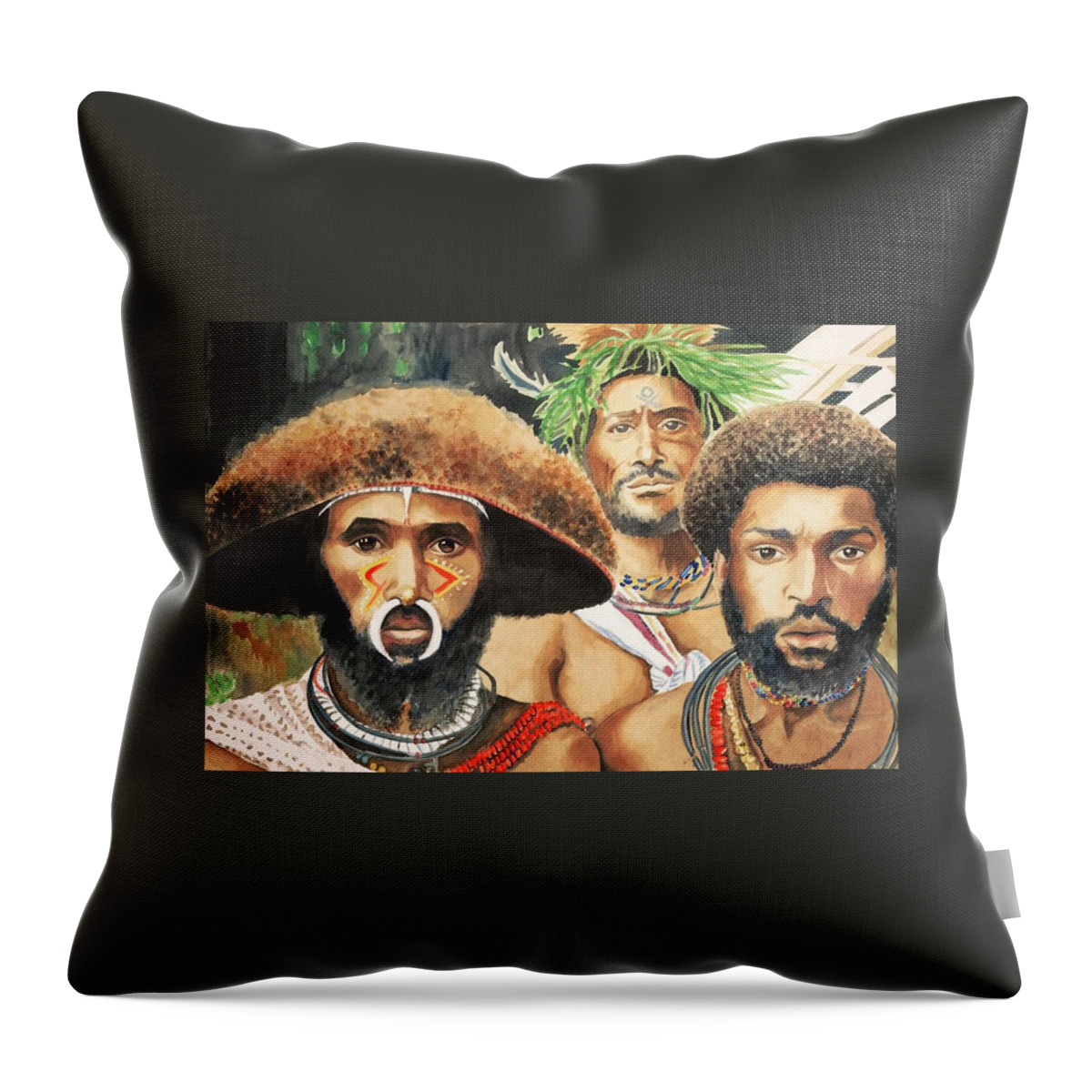 Papua Throw Pillow featuring the painting Men from New Guinea #2 by Judy Swerlick