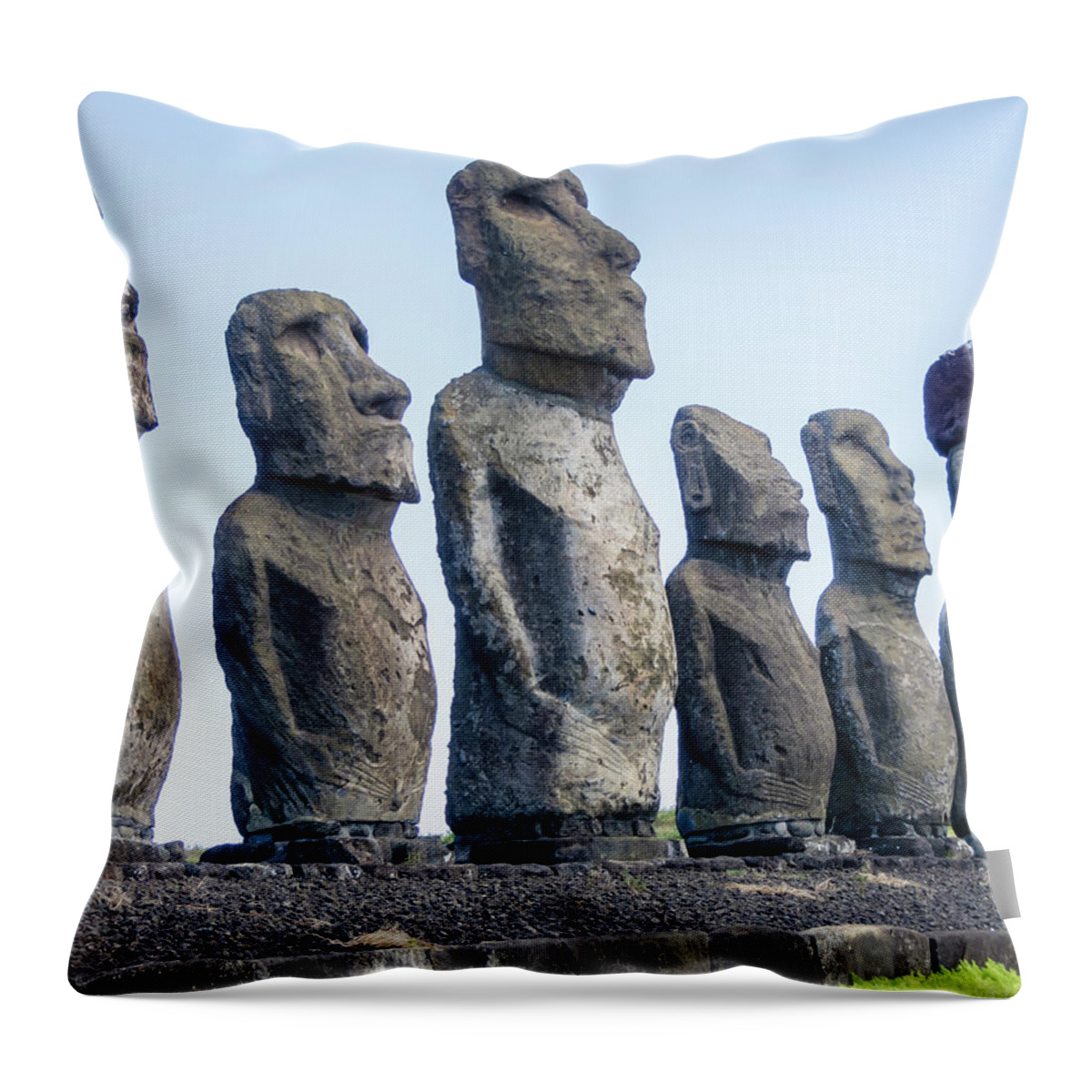 Statue Throw Pillow featuring the photograph Moai Statues At Ahu Tongariki, Easter #1 by David Madison