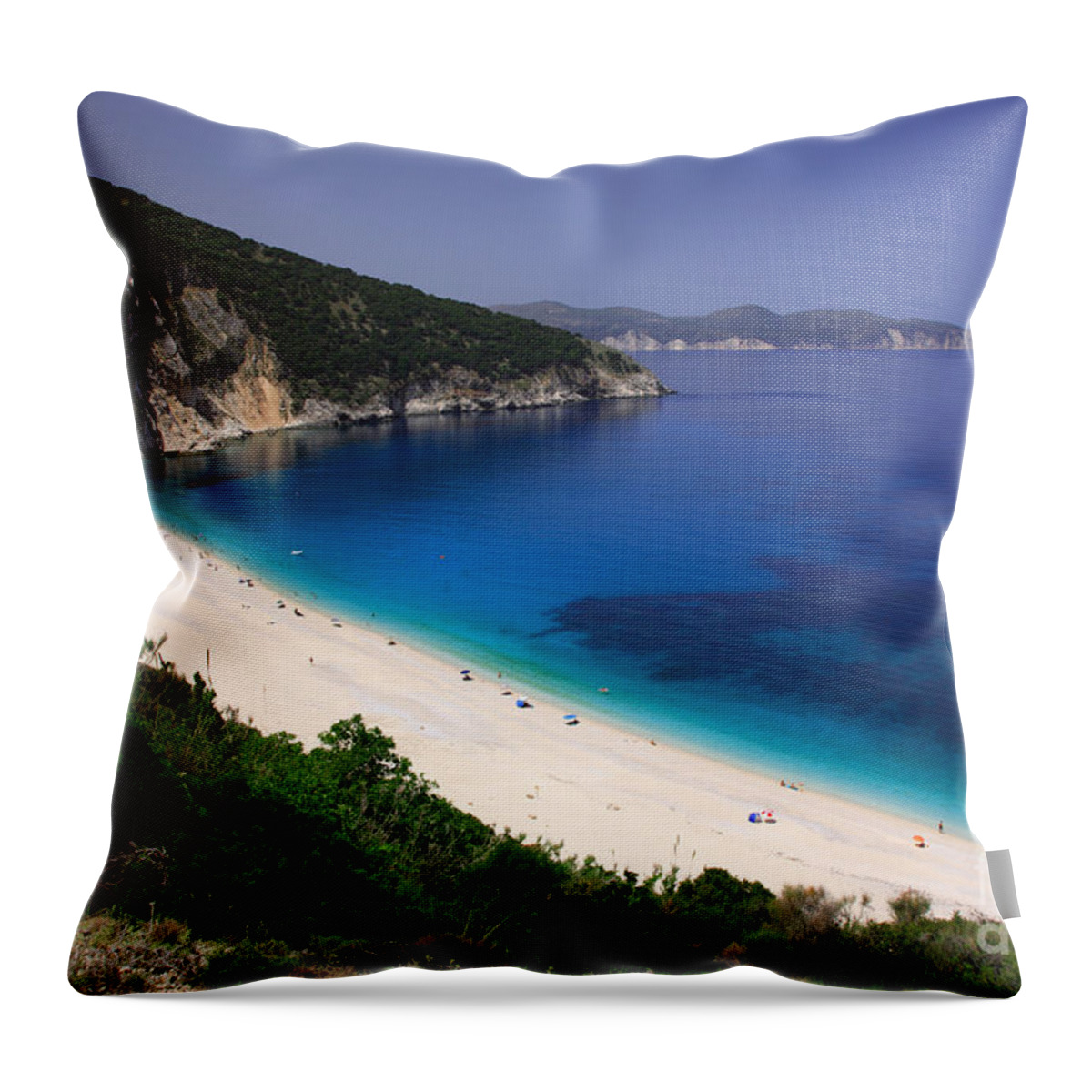 Azure Throw Pillow featuring the photograph Myrtos beach #2 by Deborah Benbrook