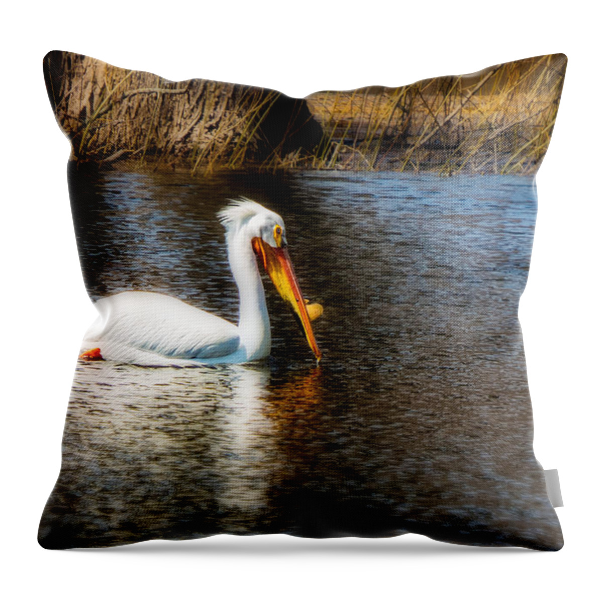 Pelican Bird Water Lake Pond River Beak Feather Feathers Plume Spring Summer Sun Ripple Water Tree Branch Twig Grass Reeds Knob Swim Blue White Yellow Red Orange Impressionist Impressionism Wall Hang Decorate Sell Real Estate Stage Staging Pelecanus Erythrorhynchos American White Pelican Redecorate Throw Pillow featuring the photograph Pelican #1 by Tom Gort