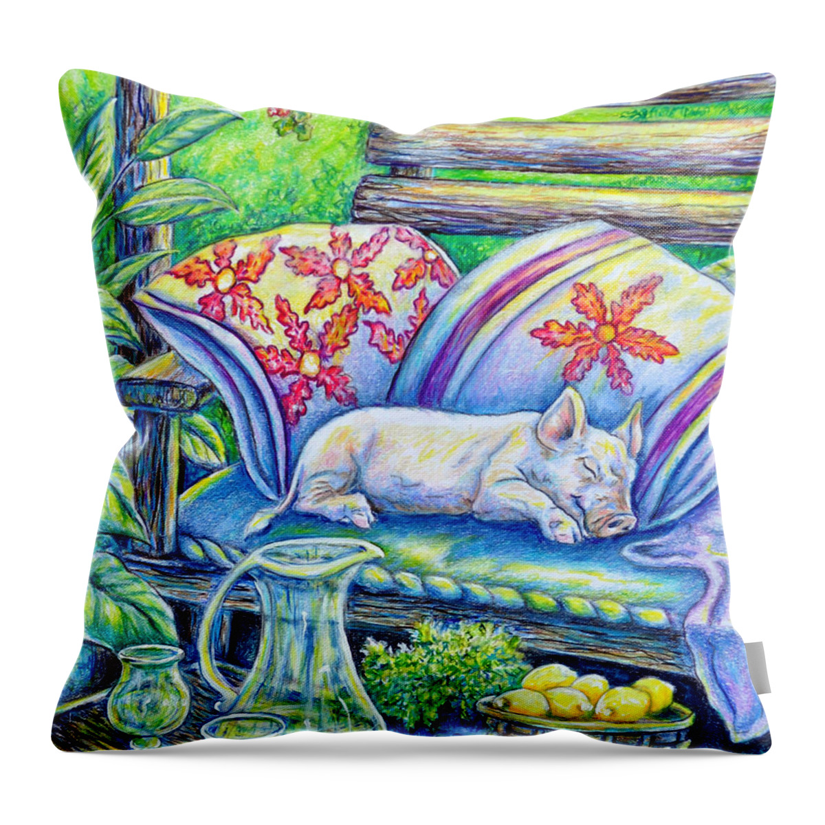 Pig Throw Pillow featuring the painting Pig On A Porch by Gail Butler