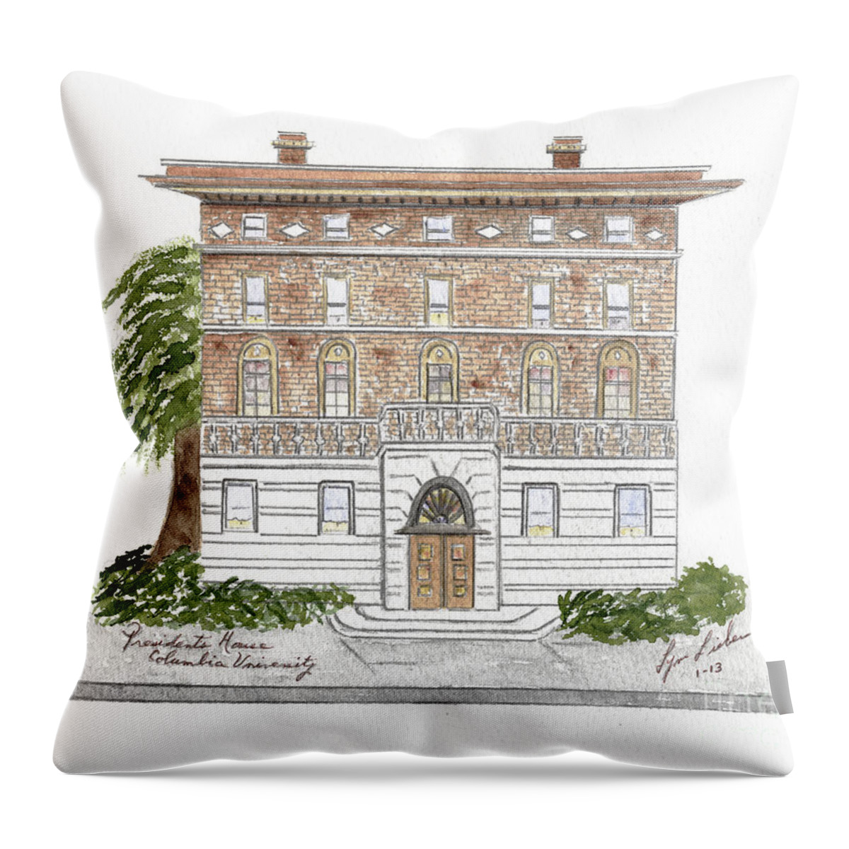 President's House Throw Pillow featuring the painting President's House-Columbia University by AFineLyne