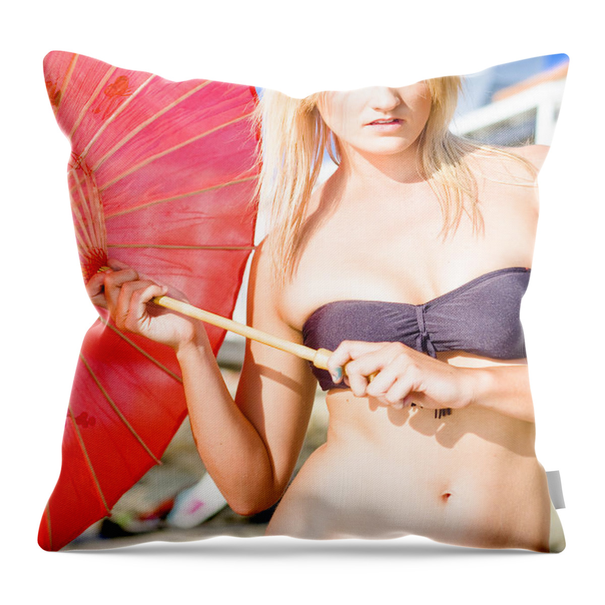 Bikini Throw Pillow featuring the photograph Protection From The Sun by Jorgo Photography