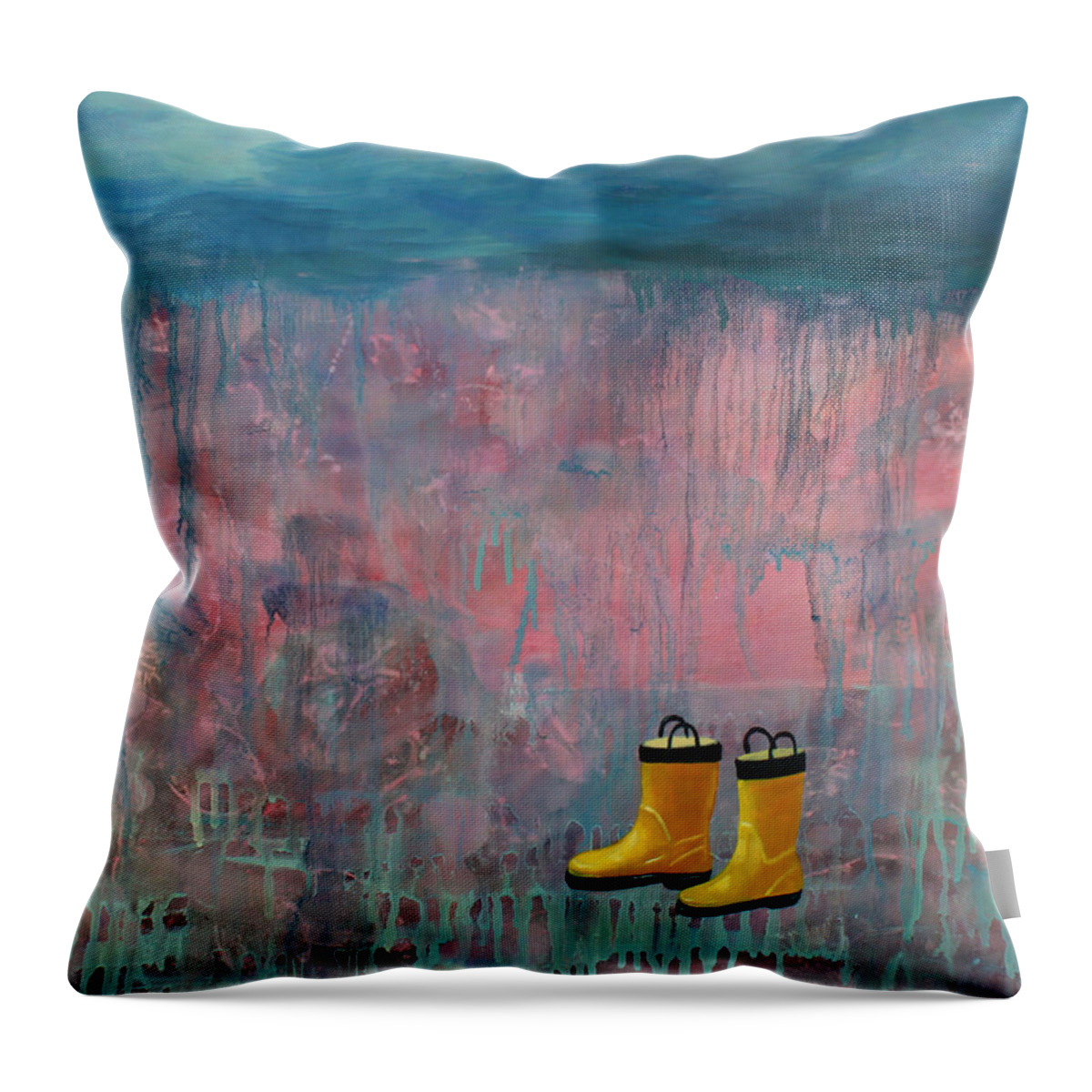 Rain Throw Pillow featuring the painting Rainy Day Galoshes #1 by Guenevere Schwien