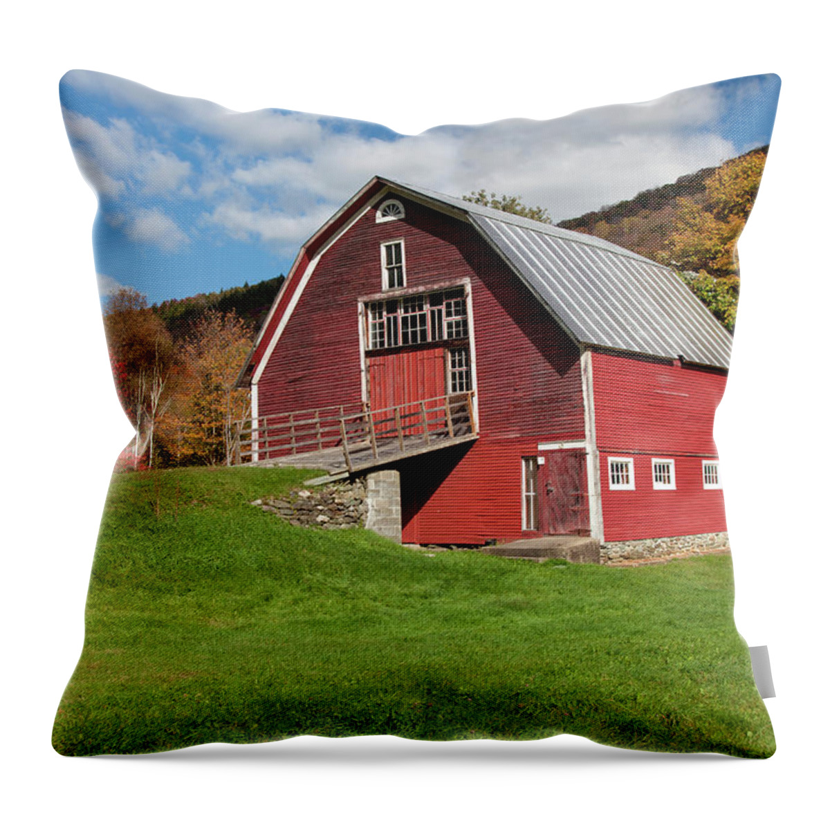 Autumn Throw Pillow featuring the photograph Red Barn With Blue Sky Along Route 100 #1 by Jenna Szerlag
