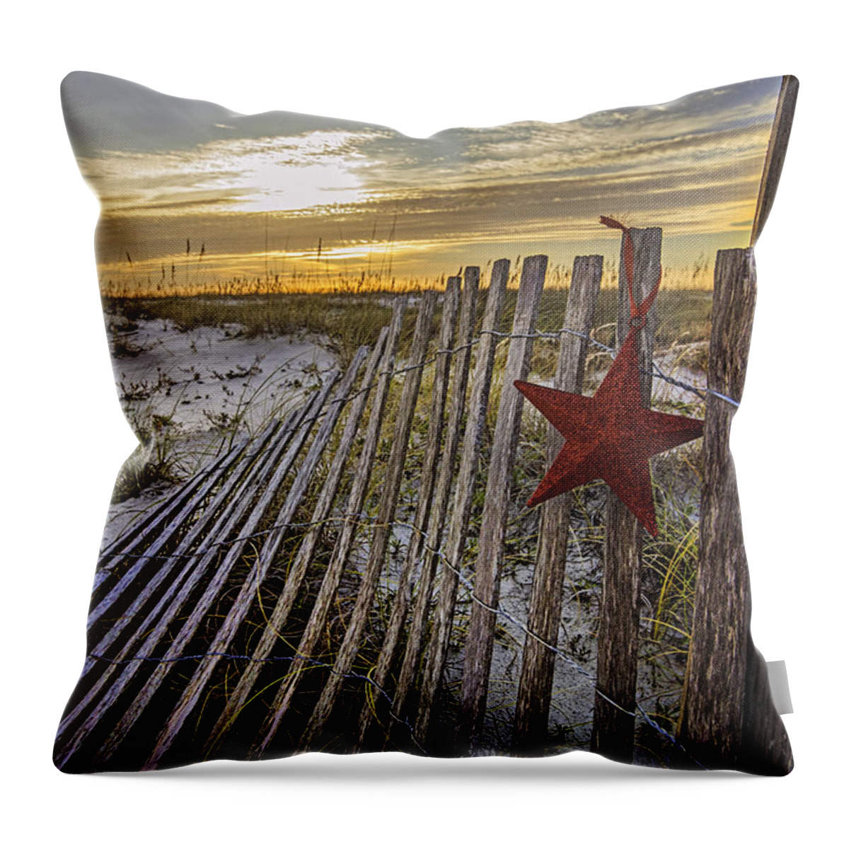 Christmas Throw Pillow featuring the digital art Red Star on Fence #1 by Michael Thomas