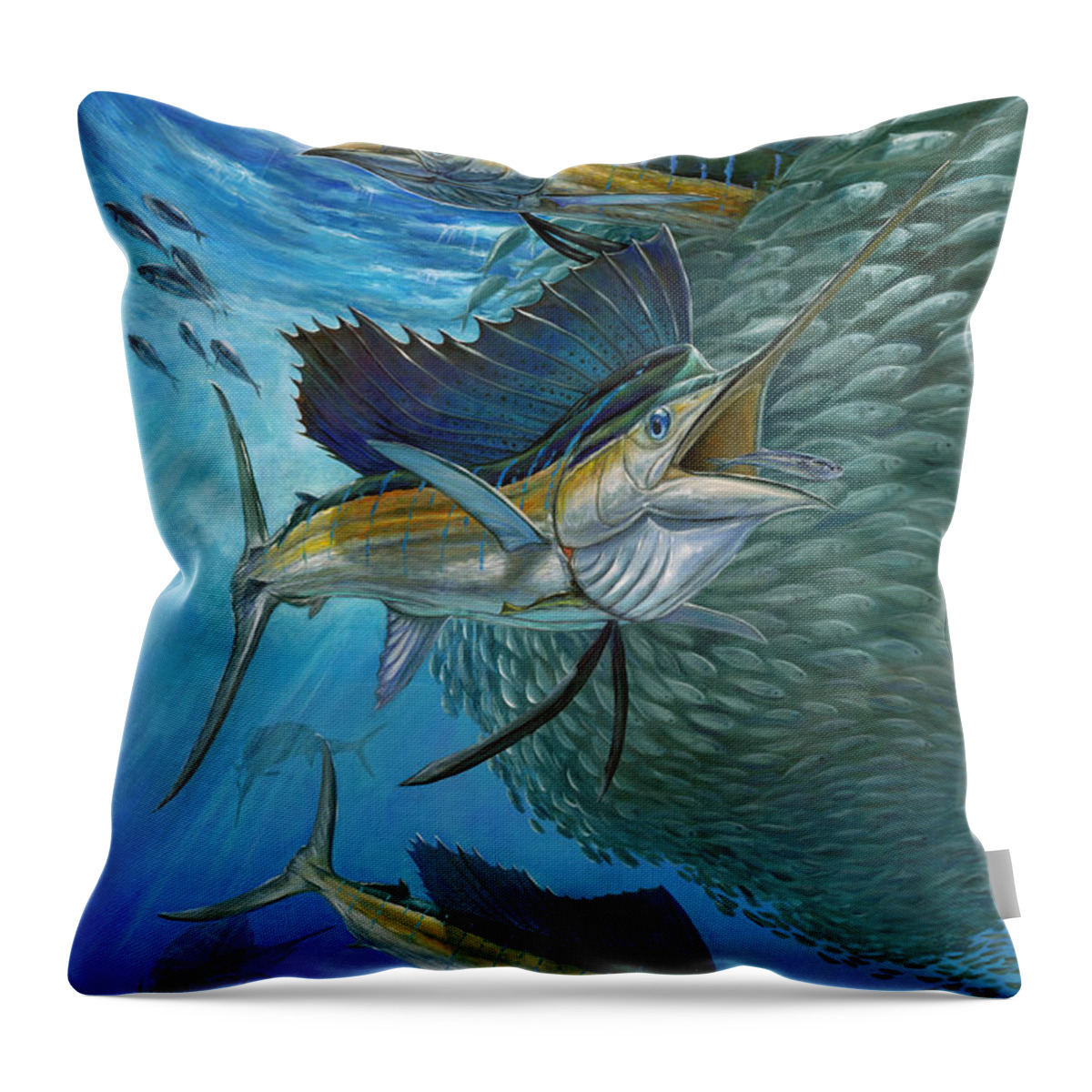 Sailfish Throw Pillow featuring the painting Sailfish With A Ball Of Bait by Terry Fox