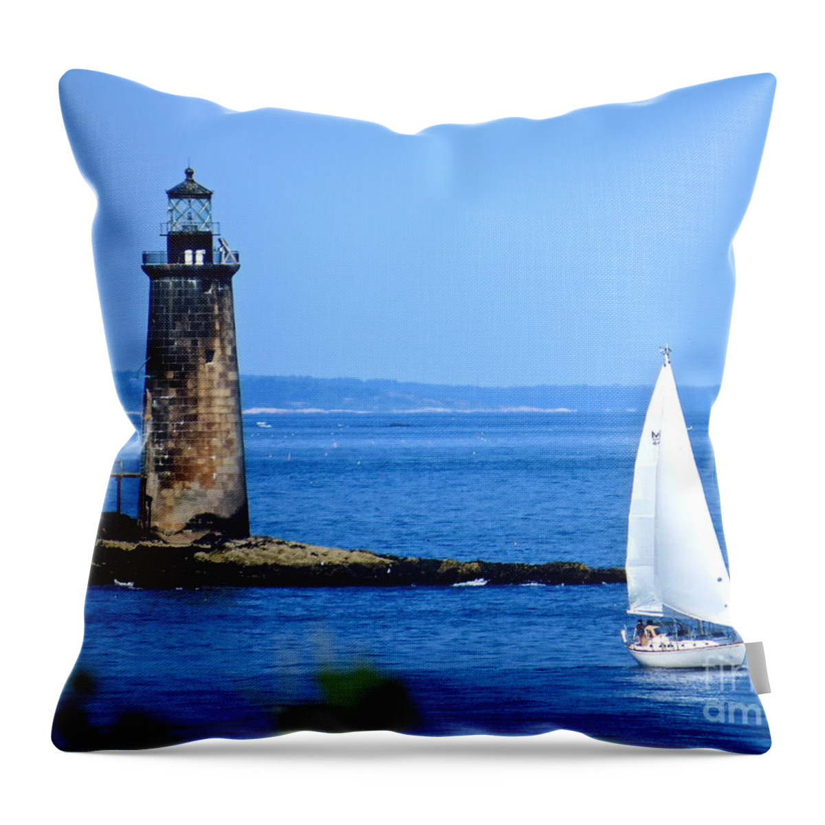 Ram Island Ledge Light Throw Pillow featuring the photograph Sailing By Ram Island Light #1 by Nancy Patterson