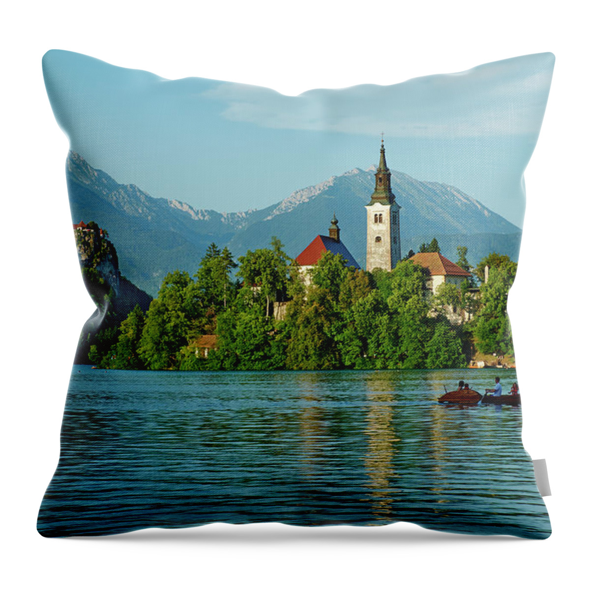 Santa Maria Church Throw Pillow featuring the photograph Slovenia, Bled, Lake Bled And Julian #1 by Tuul & Bruno Morandi