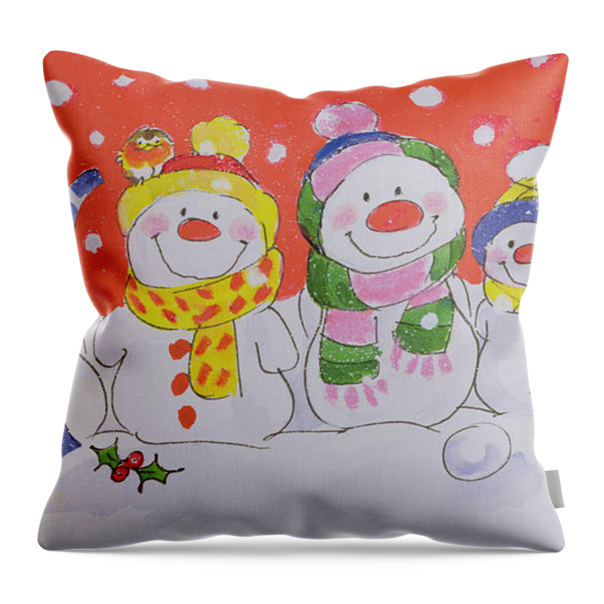 Snowman; Christmas; Snowing; Winter; Happy Throw Pillow featuring the painting Snow Family by Diane Matthes