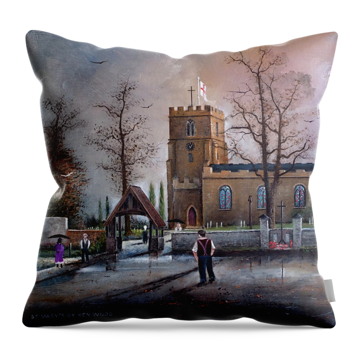 Countryside Throw Pillow featuring the painting St. Mary's Church - Kingswinford - England by Ken Wood