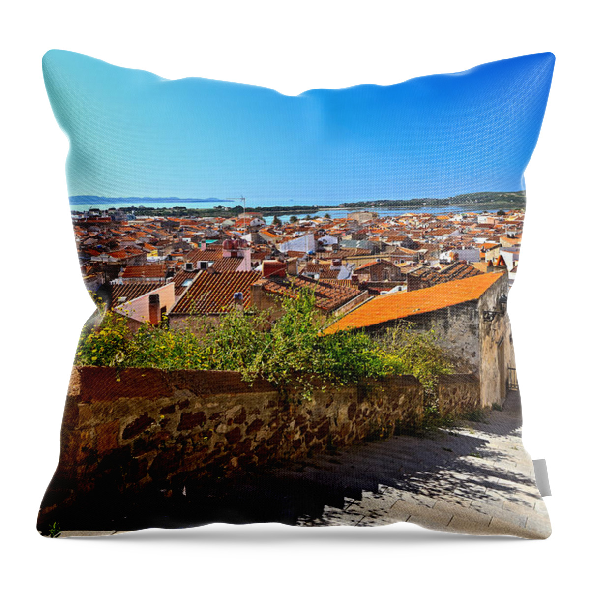 Carloforte Throw Pillow featuring the photograph stairway and ancient walls in Carloforte #1 by Antonio Scarpi