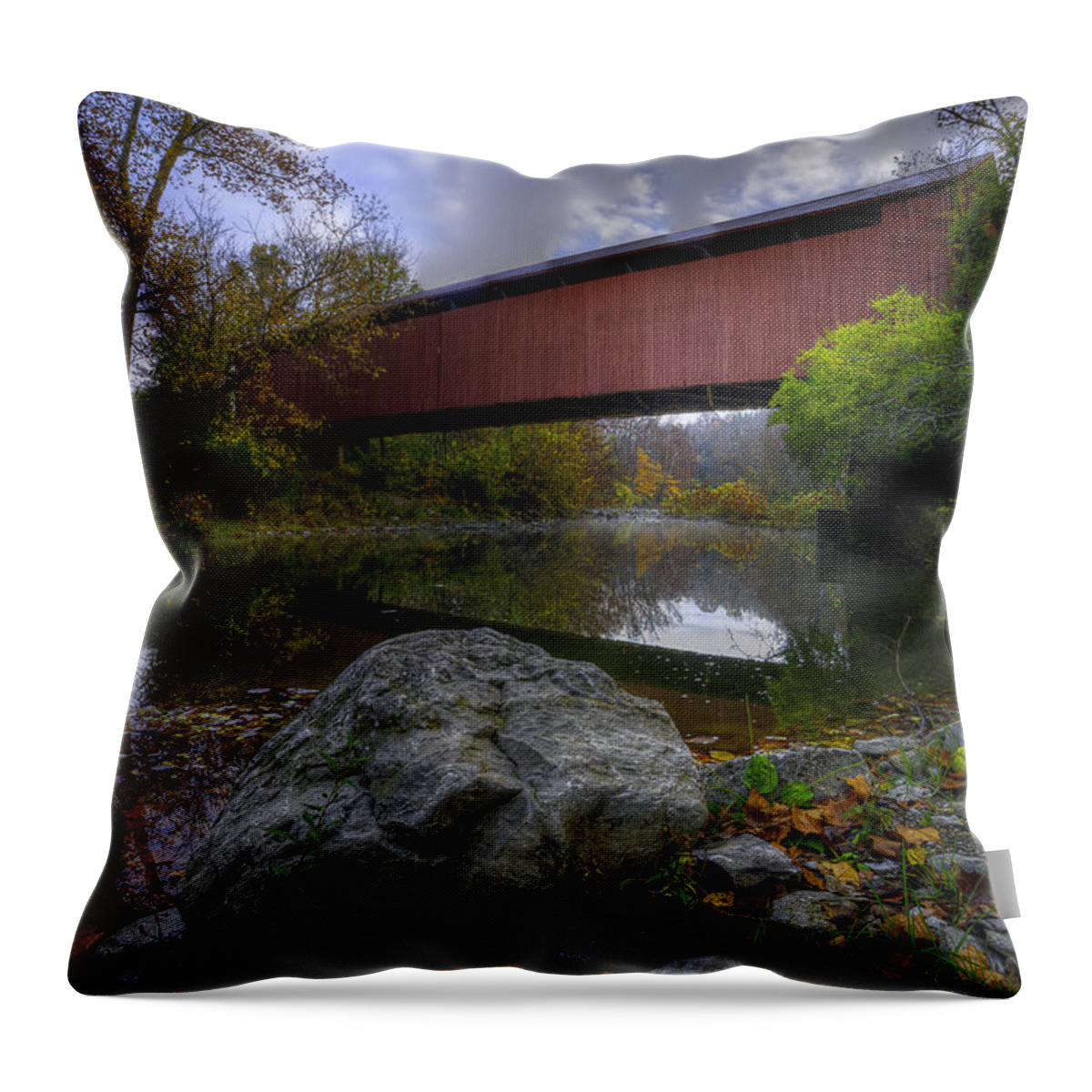 Covered Throw Pillow featuring the photograph Stonelick Covered Bridge #1 by Keith Allen