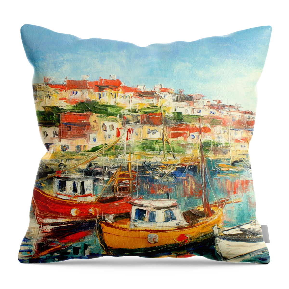 Brixham Throw Pillow featuring the painting The Brixham Harbour #1 by Luke Karcz