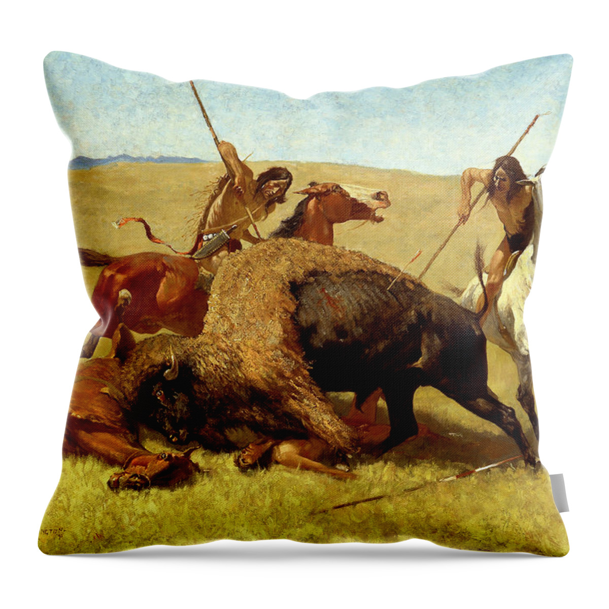 The Buffalo Hunt Throw Pillow featuring the photograph The Buffalo Hunt #5 by Frederic Remington