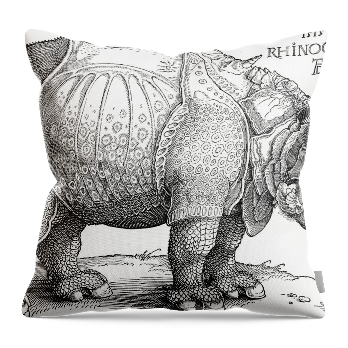 Rhino Throw Pillow featuring the drawing The Rhinoceros by Albrecht Durer