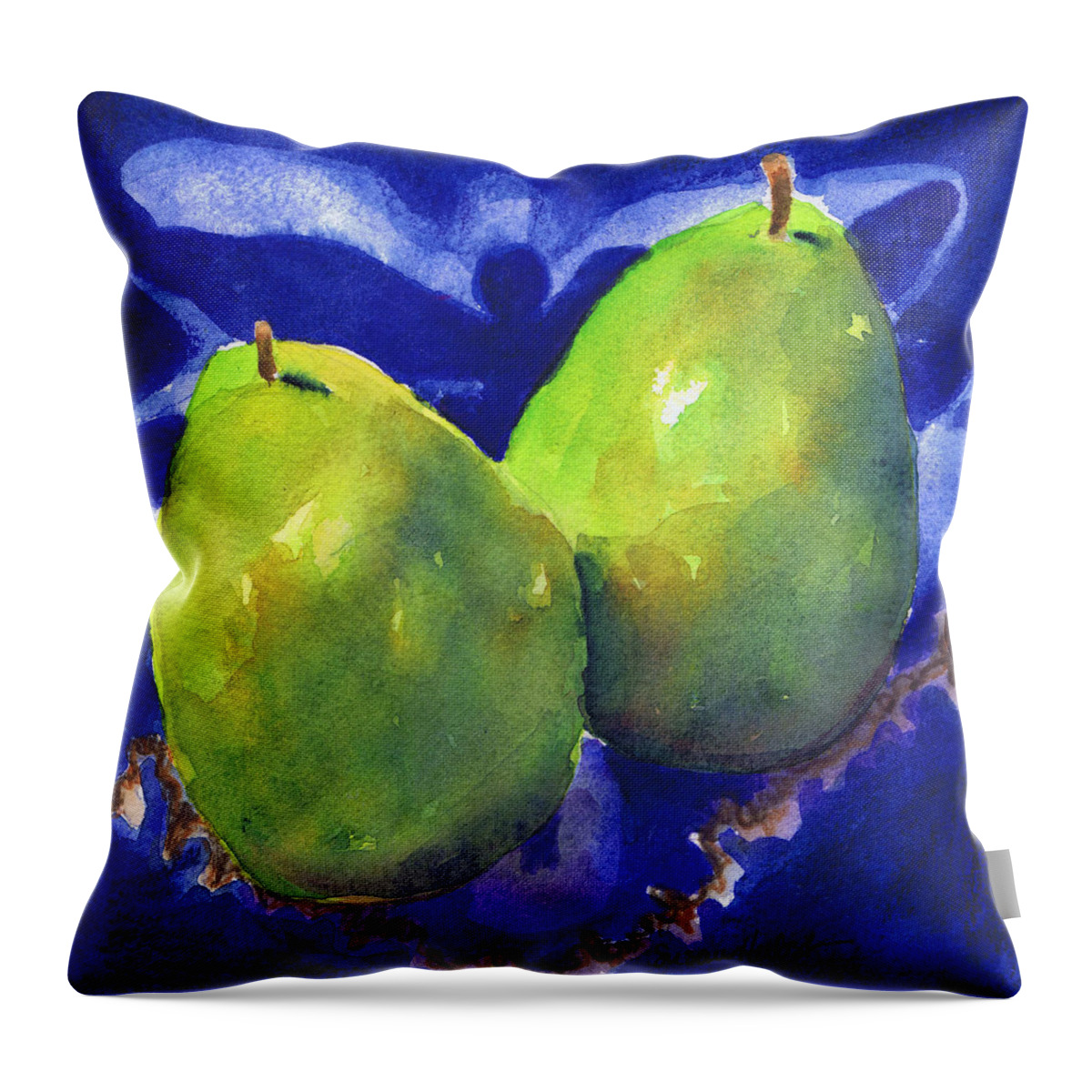 Pears Throw Pillow featuring the painting Two Pears on Blue Tile #1 by Susan Herbst