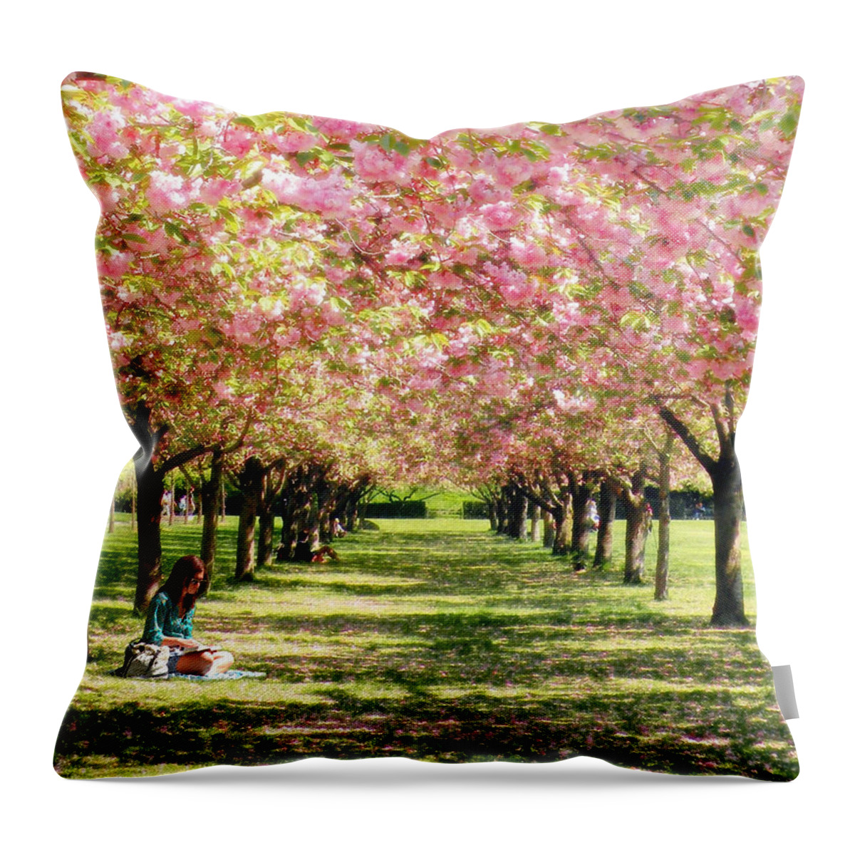 Cherry Blossom Trees Throw Pillow featuring the photograph Under The Cherry Blossom Trees by Nina Bradica