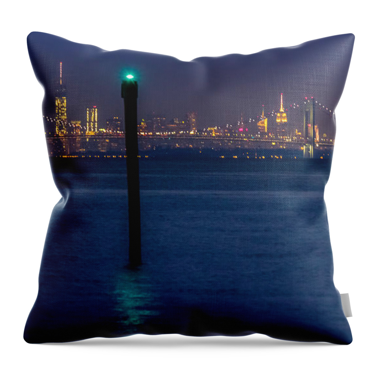 Bayshore Waterfront Throw Pillow featuring the photograph Verrazano-Narrows bridge and NYC skyline from Port Monmouth #1 by SAURAVphoto Online Store