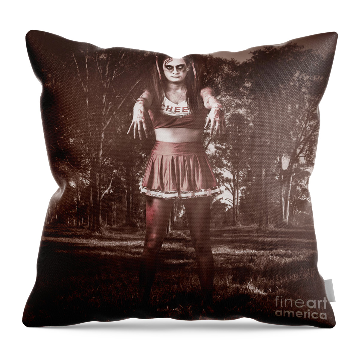 Zombie Throw Pillow featuring the photograph Walking dead schoolgirl stumbling back to school #1 by Jorgo Photography